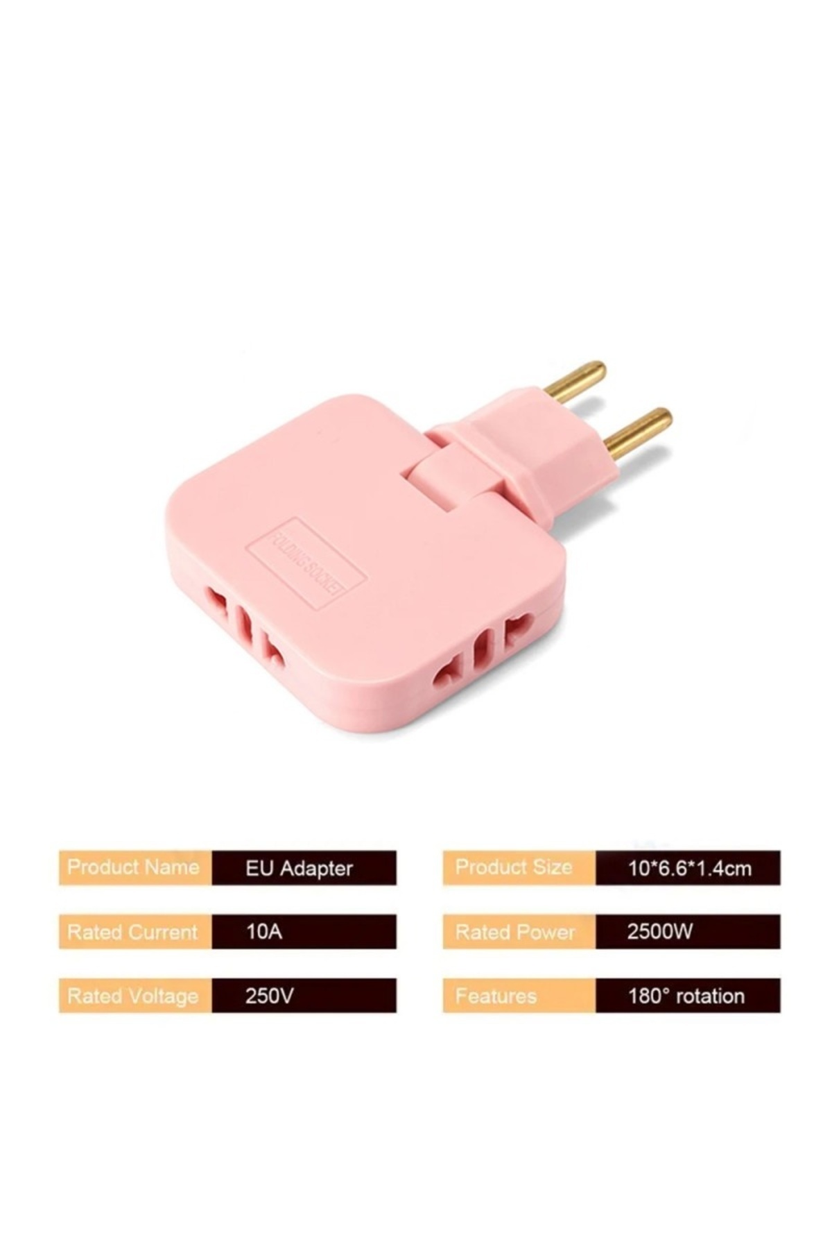 TECHSTAR-® TS-A3 Triple Plug Socket Adapter With 180° Rotation, 250V, 10A, EU/US Compatible, Pink 5