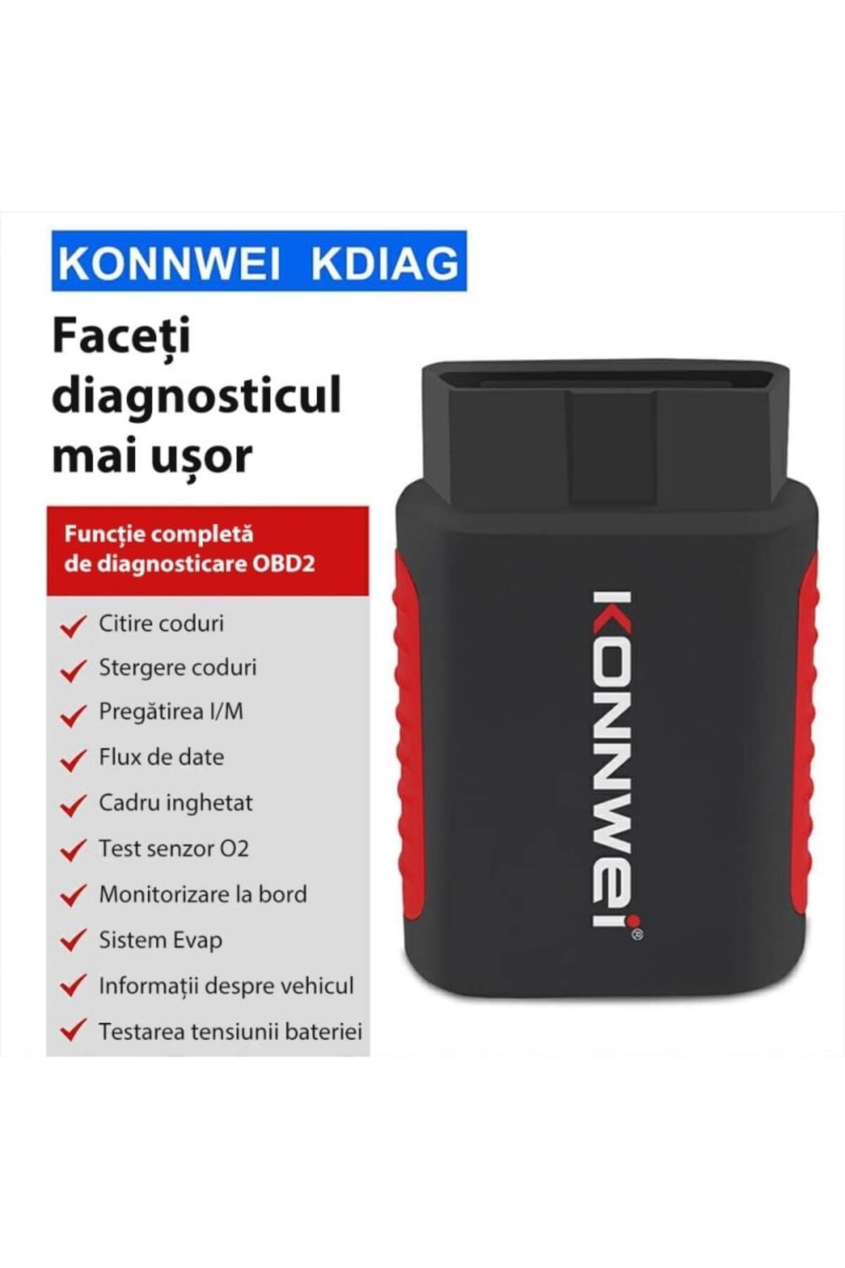 KONNWEİ-Car Diagnostic and Scan Tool, Kdiag, OBD2, Bluetooth 5.0, 9 - 18 V, Compatible with Android 6