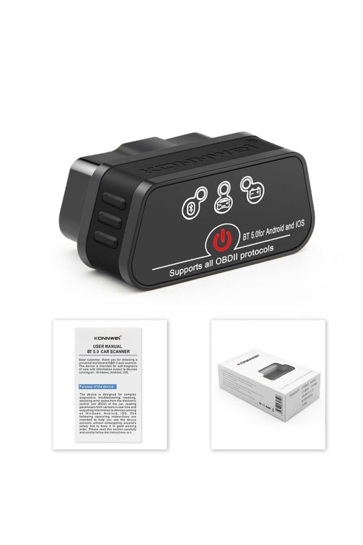 KONNWEİ-OBD2 Car Diagnostic KW901, Bluetooth 5.0, ON-OFF Button, Android iOS Compatible, ELM 327 6