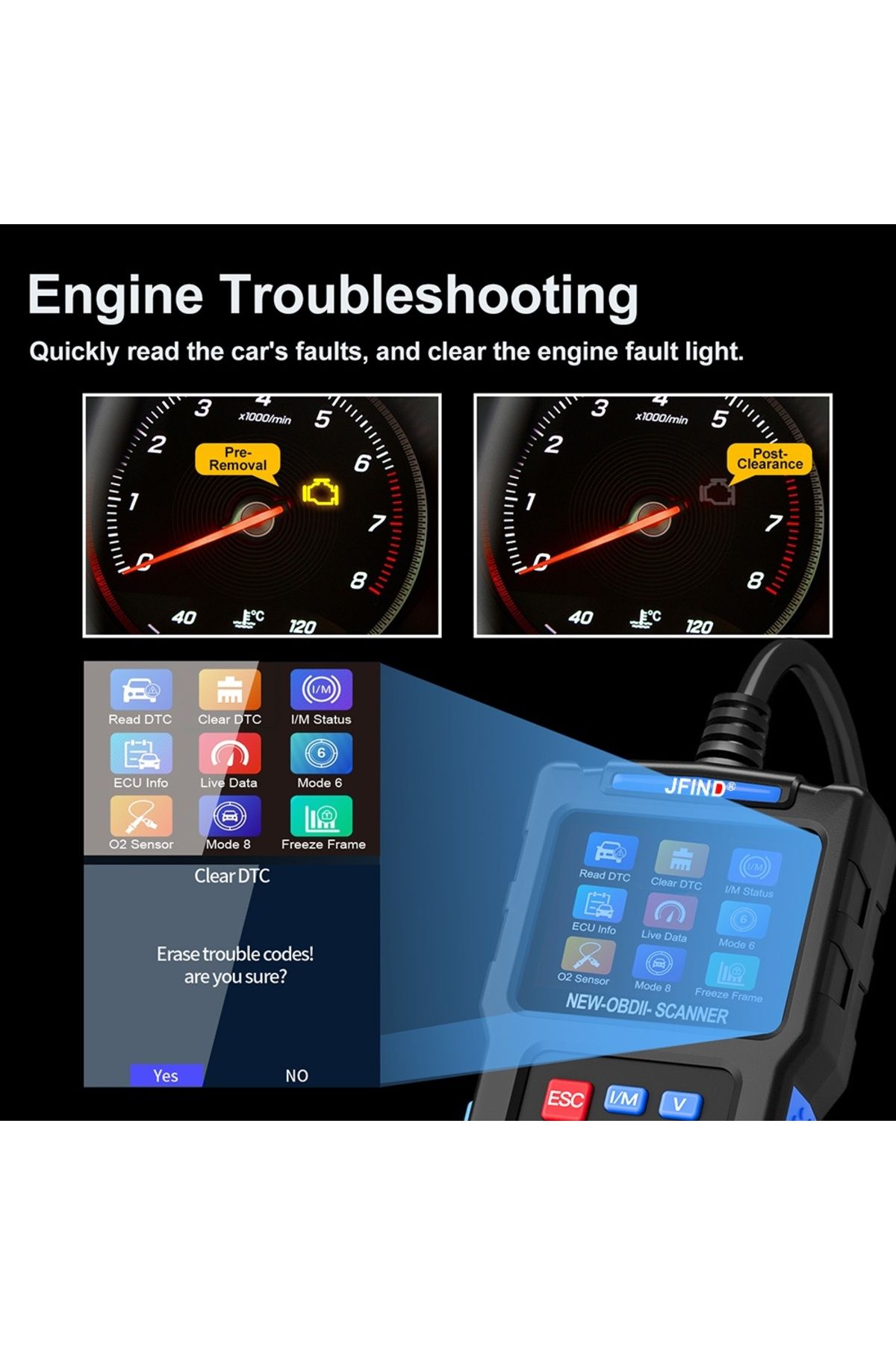 JFIND-JF700 Universal OBD2 Scanner, Engine Trouble Code Reader, CAN Diagnostic Tool for All OBDII 6