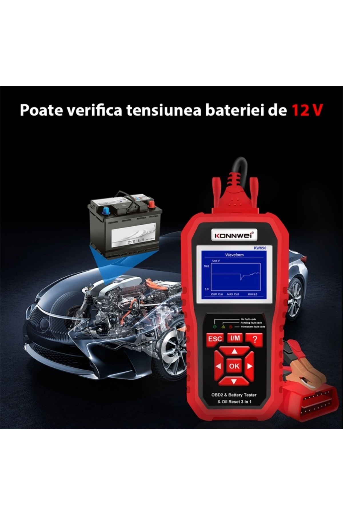 KONNWEİ-Car Diagnostic and Scan Tool, KW890, OBD2, 2.8 Inch Display, Read and Clear Engine Fault 7