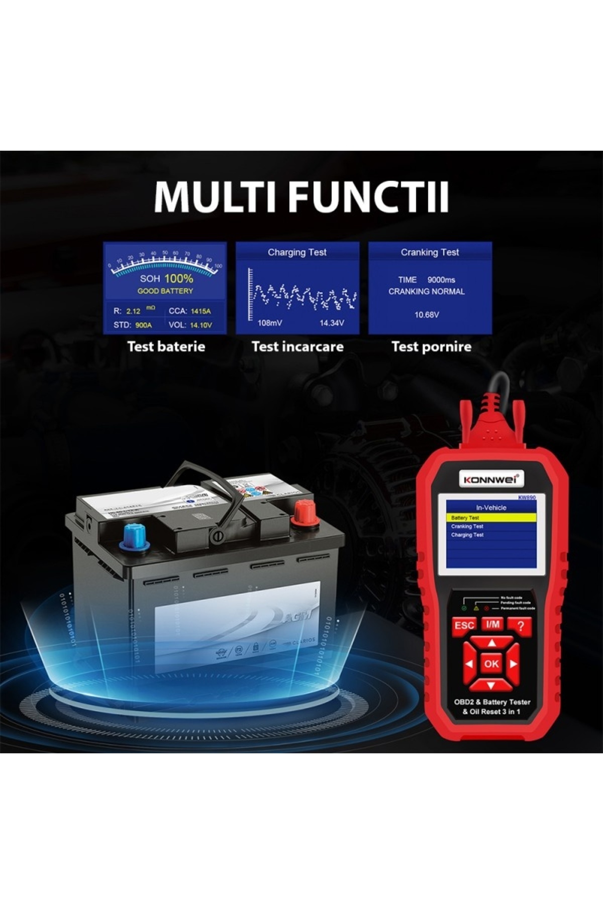 KONNWEİ-Car Diagnostic and Scan Tool, KW890, OBD2, 2.8 Inch Display, Read and Clear Engine Fault 6