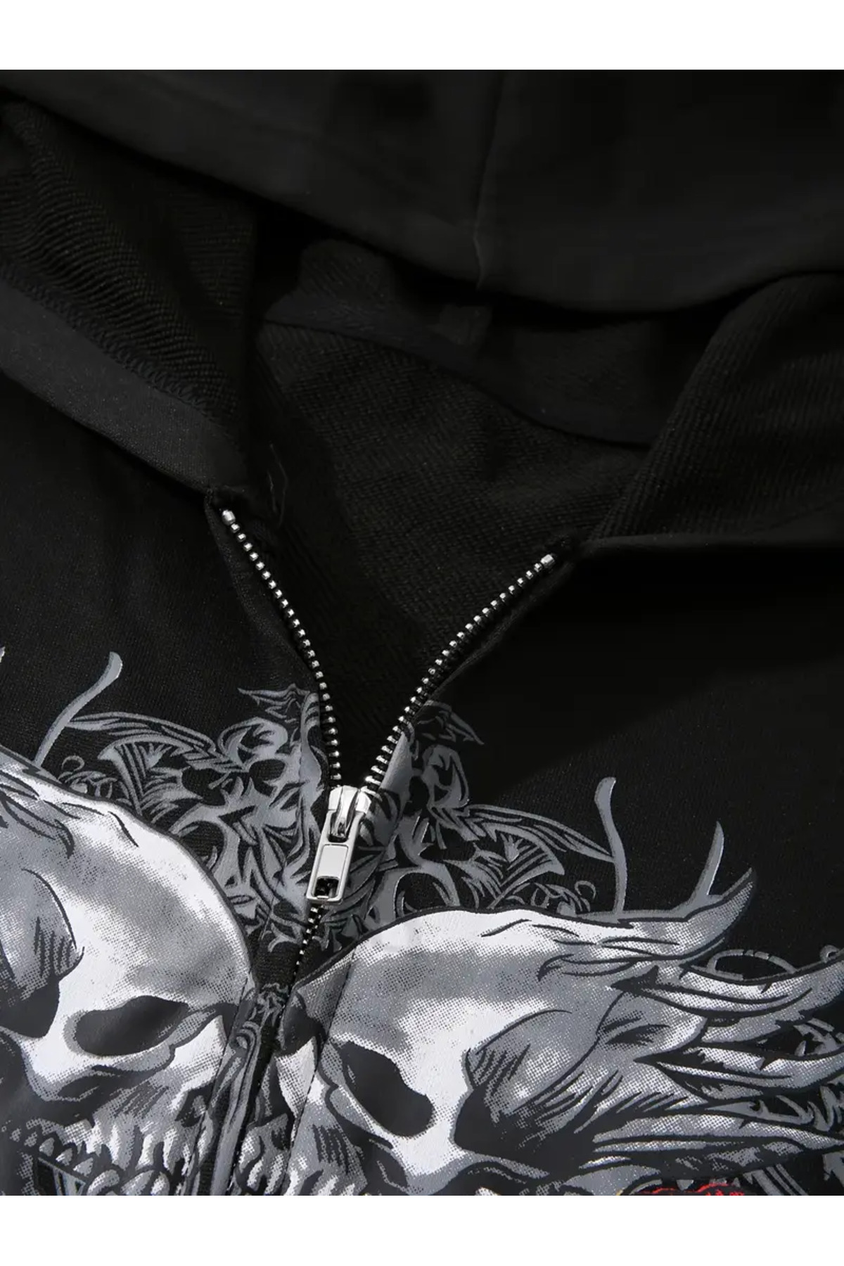 Touz Moda  Gothic Rose Baskılı Oversize Fermuarlı Siyah Unisex Kapüşonlu Hırka - Görsel 3