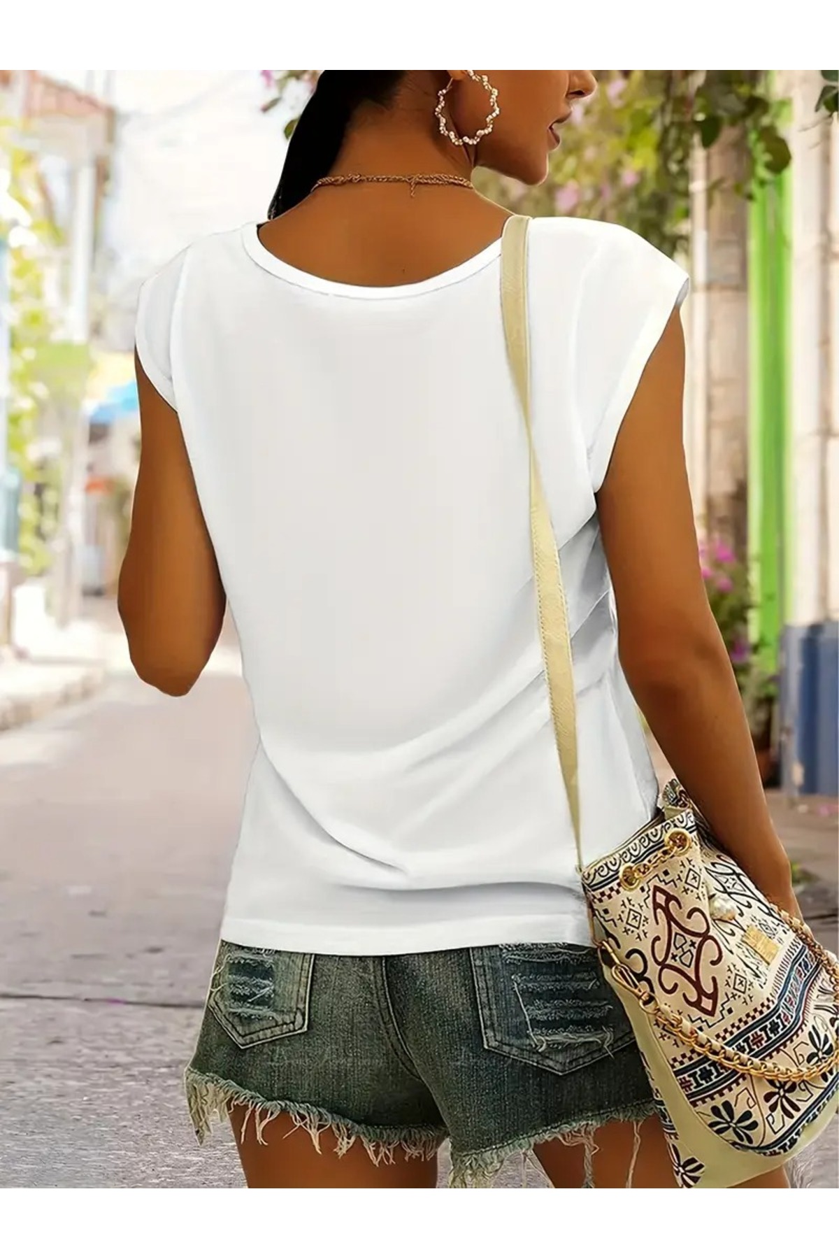 mercoledi  Kadın 2 Renk V Yaka Kolsuz Oversize Salas Boyfriend T-shirt Set - Görsel 5