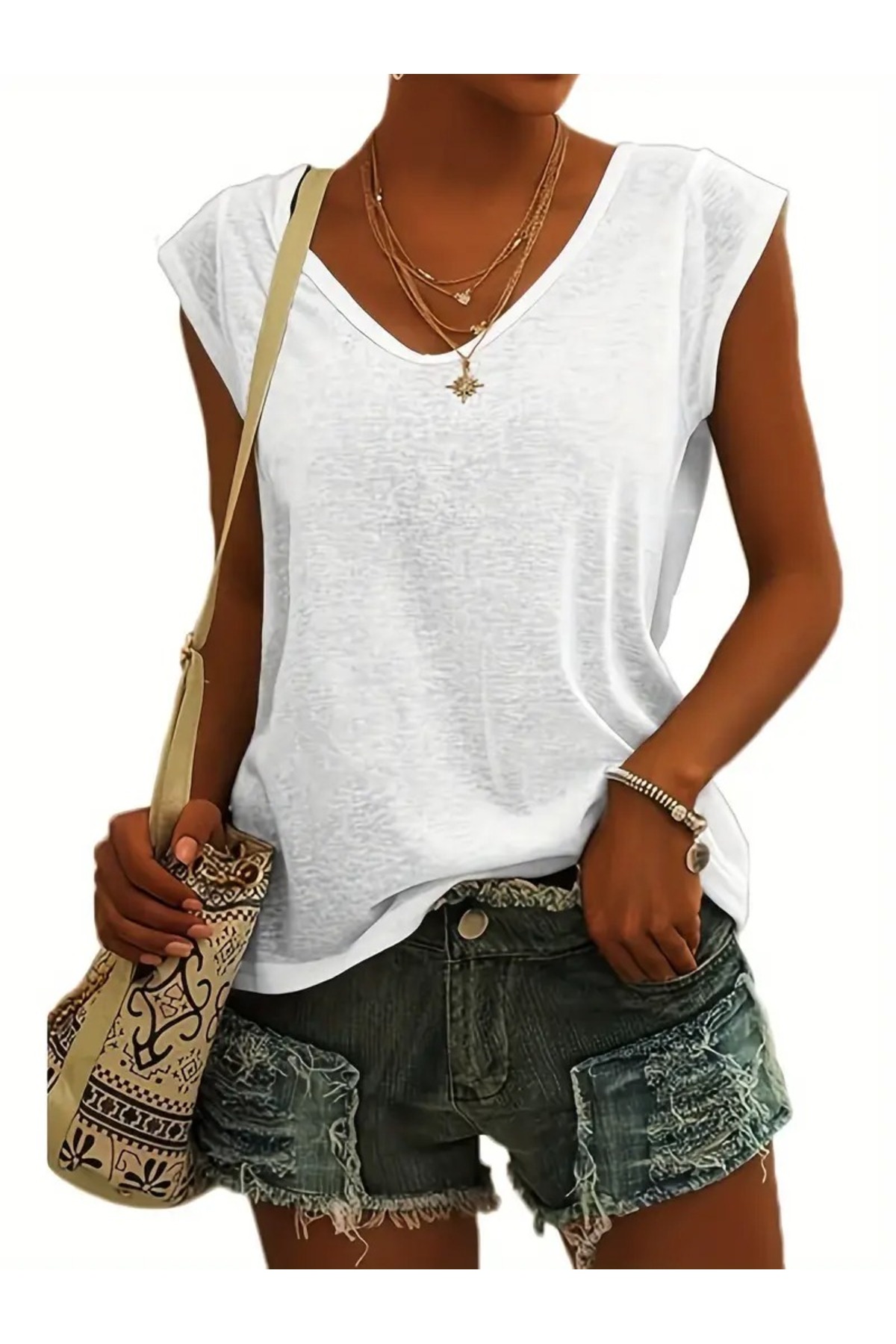 mercoledi  Kadın 2 Renk V Yaka Kolsuz Oversize Salas Boyfriend T-shirt Set - Görsel 2