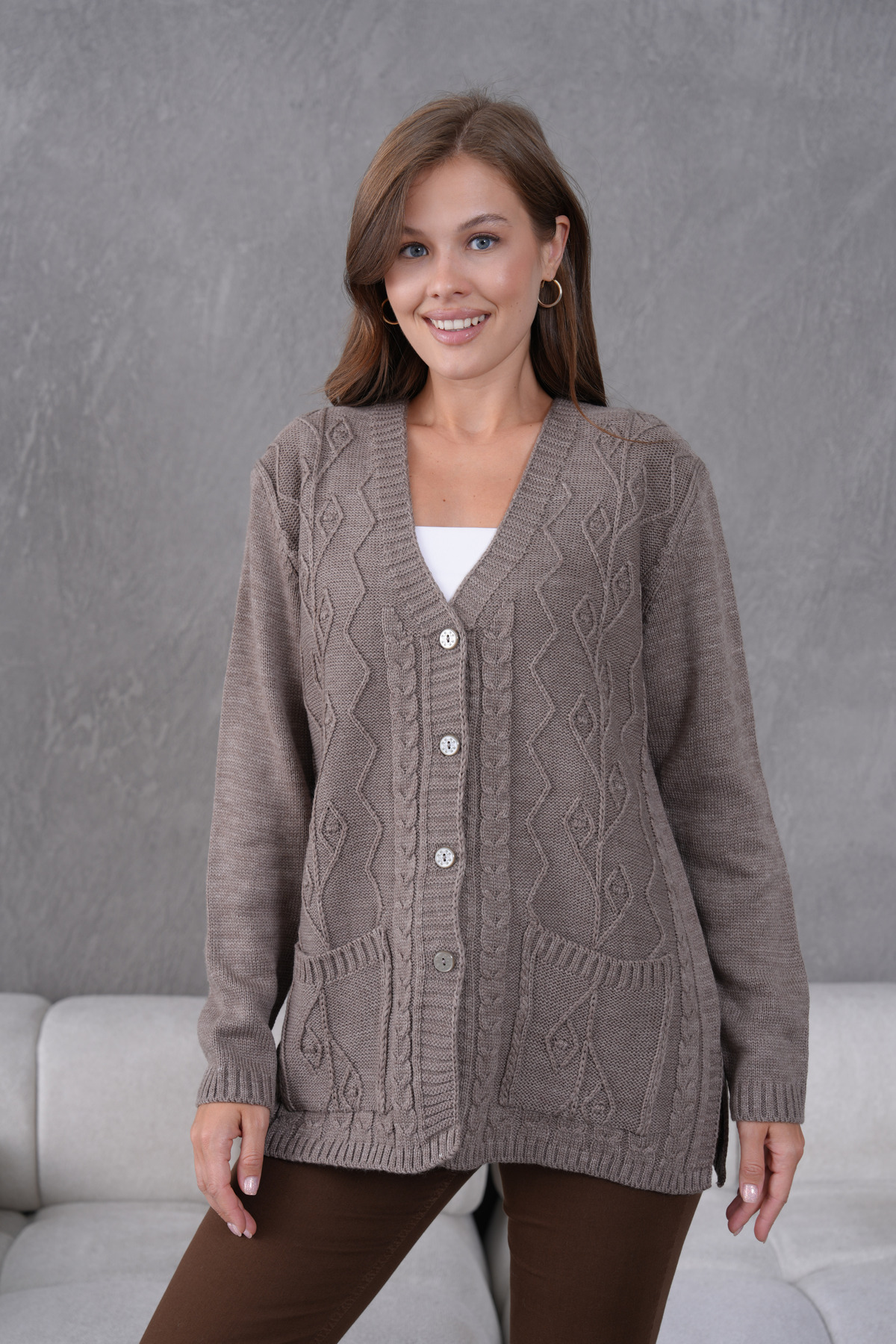 Lamierra  Kadın Anne Triko Cep detaylı Yün Hırka - Görsel 7