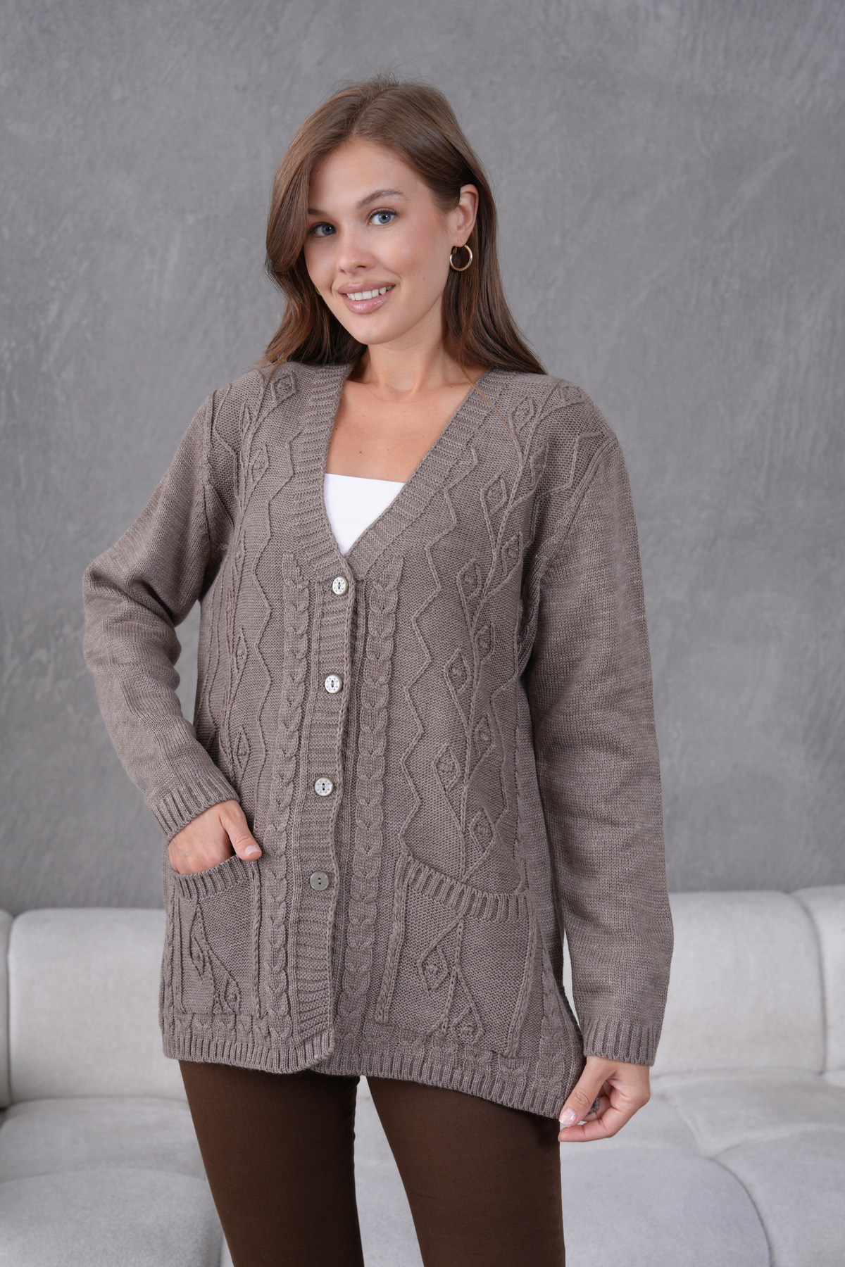 Lamierra  Kadın Anne Triko Cep detaylı Yün Hırka - Görsel 8