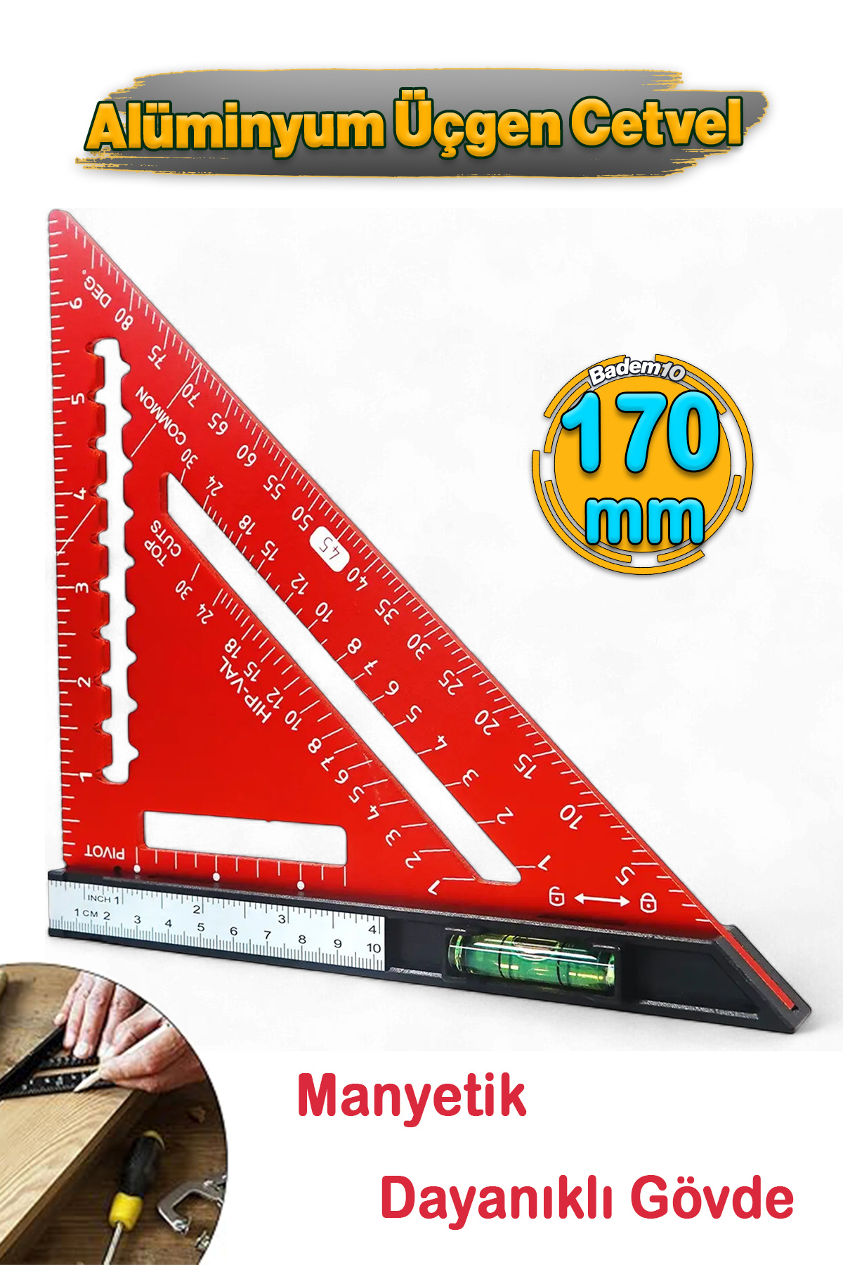 Badem10 170 mm 17 cm Alüminyum Üçgen Cetvel Marangoz Gönye Metal Gövde Açılı Ölçüm Ahşap Hassas Gönye