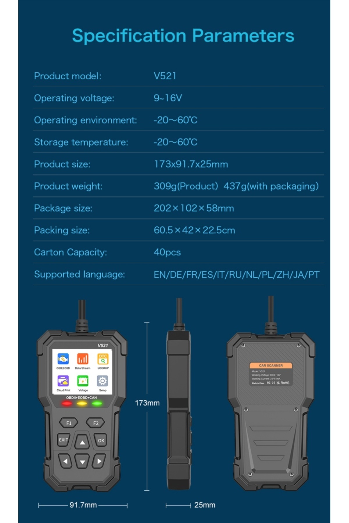 TECHSTAR-V521 Multi-brand Diagnostic Tester, OBD2 EOBD CAN Scanner, Reads over 4000 error codes, 6