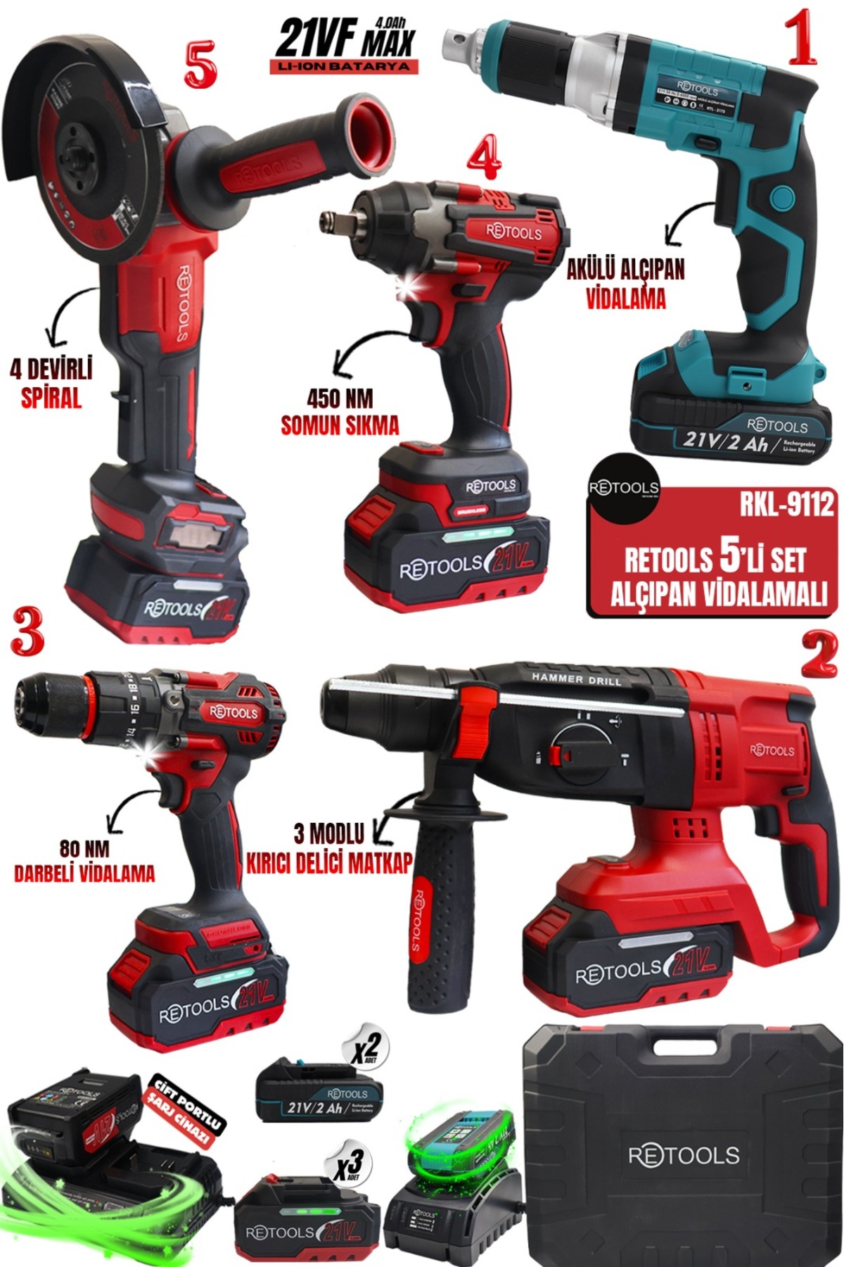 RETOOLS 5 Lİ SET KIRMIZI KABARTMALI (4 LÜ SET + ALÇIPAN VİDALAMA