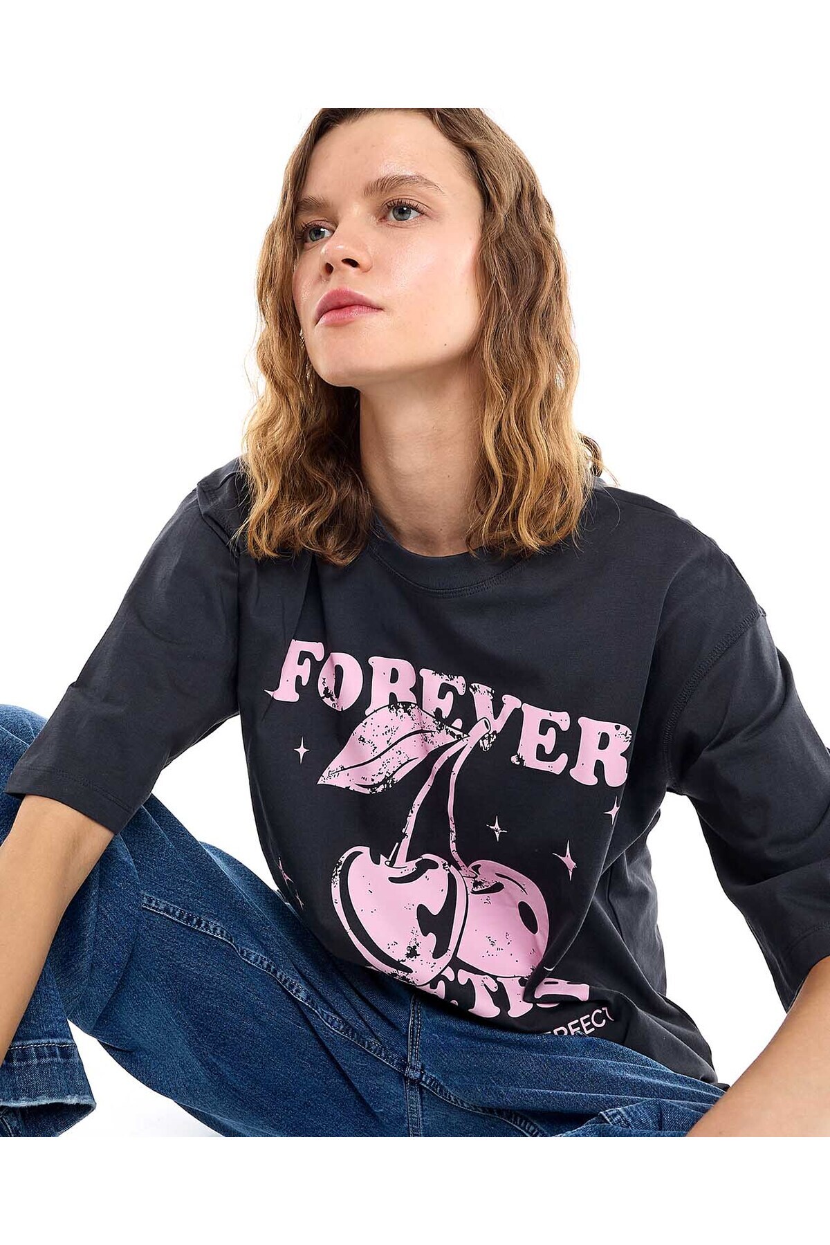 R&B Printed Oversized T-Shirt with Crew Neck and Short Sleeves