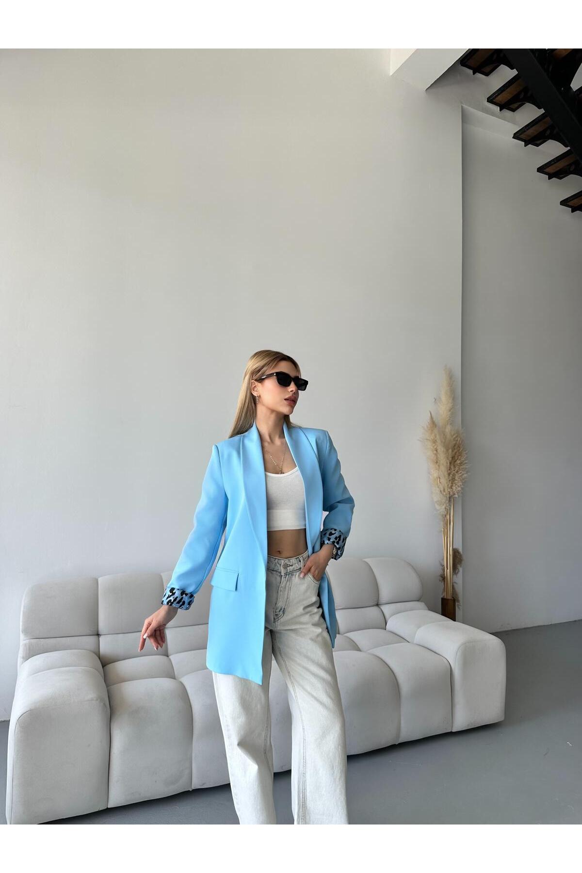 vesantia  Kadın Bebe Mavisi Dabıl Kumaş Leopar Desen Astar Detaylı Blazer Ceket - Görsel 6