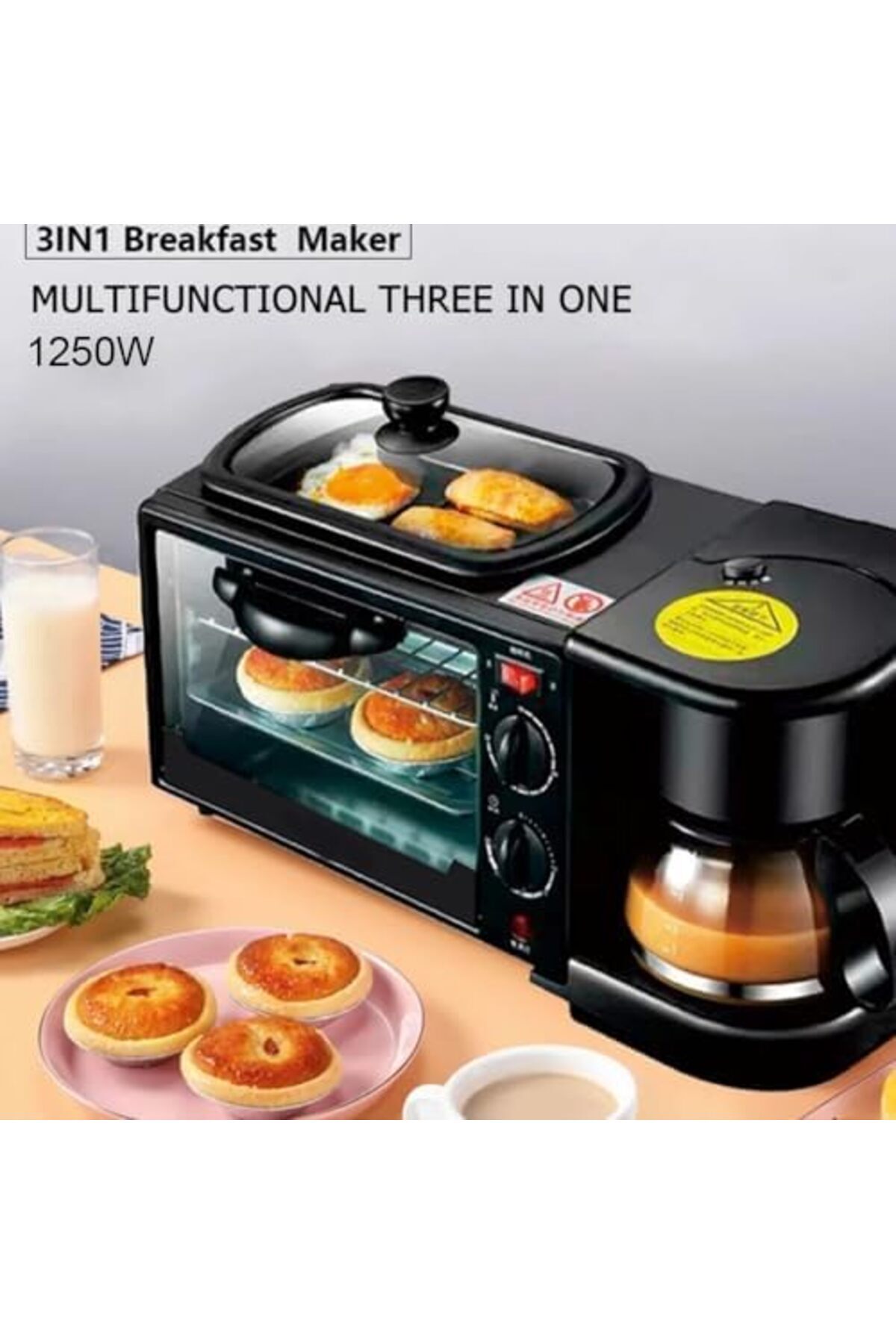 Generic-MIRHA 3-in-1 Multifunctional Breakfast Maker: 1250W with Drip Coffee Machine, Oven, and Top Tray for 2