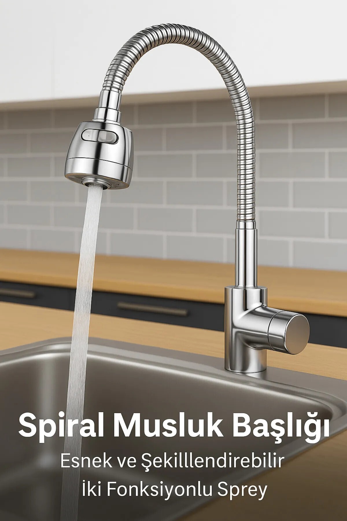 SUVİA Lavabo ve Mutfak Bataryası Uyumlu – Esnek Spiral Musluk Başlığı, 360° Dönebilen Krom Kubar
