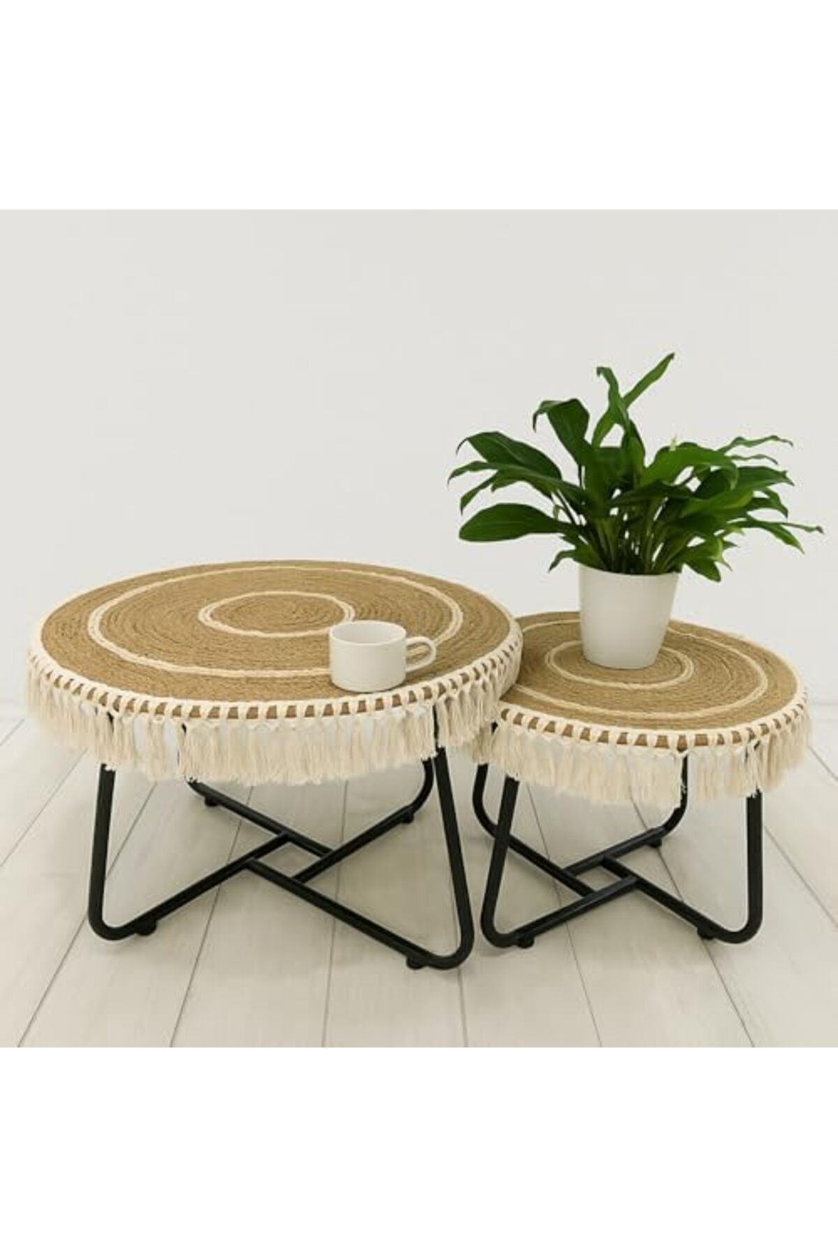 genric-FFD Set of 2 Jute Nesting Tables with Metal Frame – Boho Chic Coffee Tables, Natural Jute Top 7