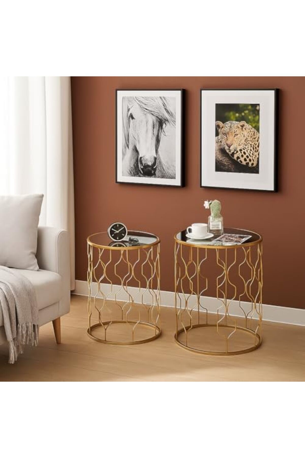 genric-FFD Reflective Nested Side Tables (Set of 2) - Golden Metal Frame Coffee Tables 7