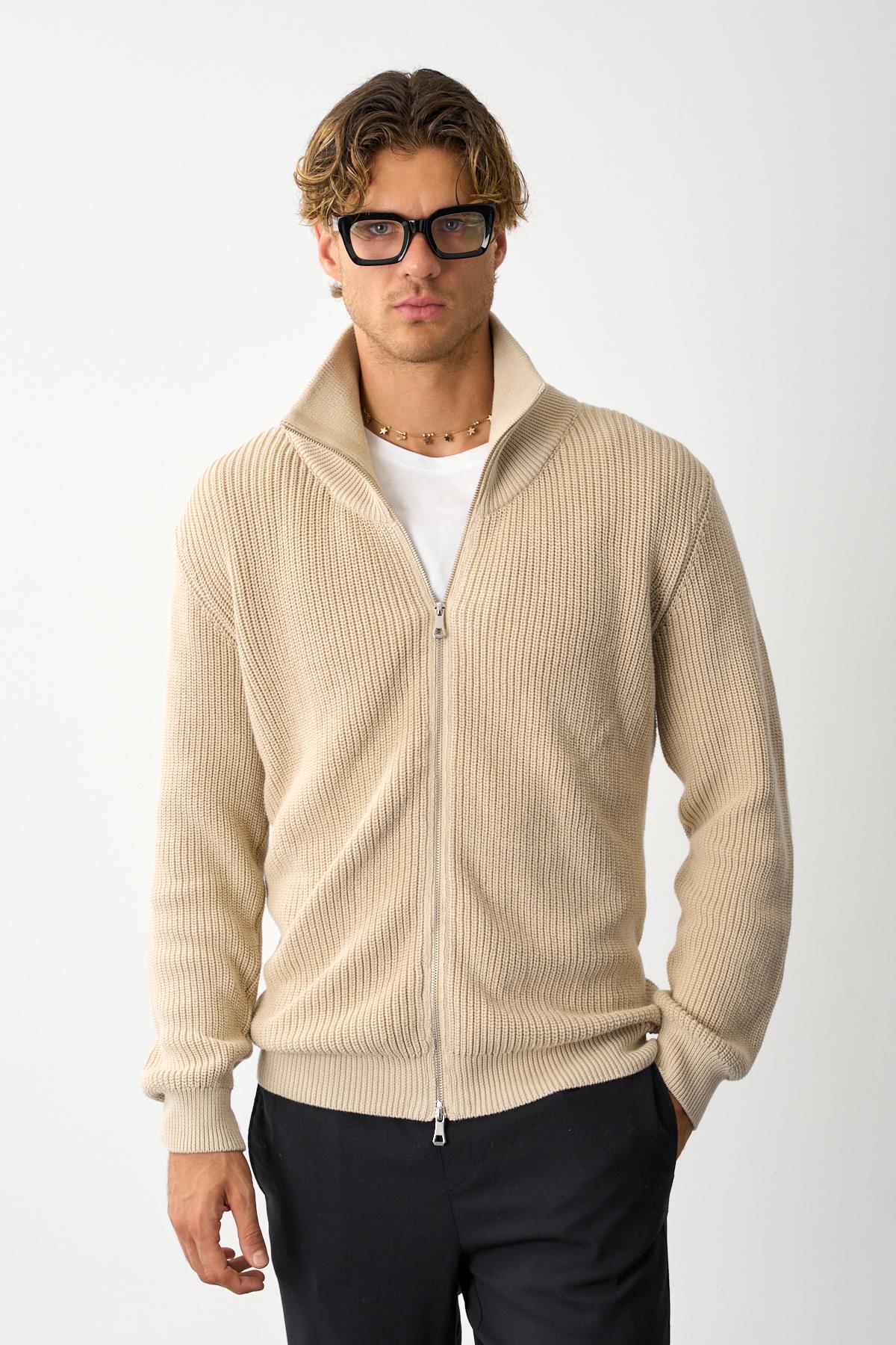 odelon  Erkek Regular Fit Selanik Örgü Pamuklu Fermuarlı Taş Triko Hırka - Görsel 2