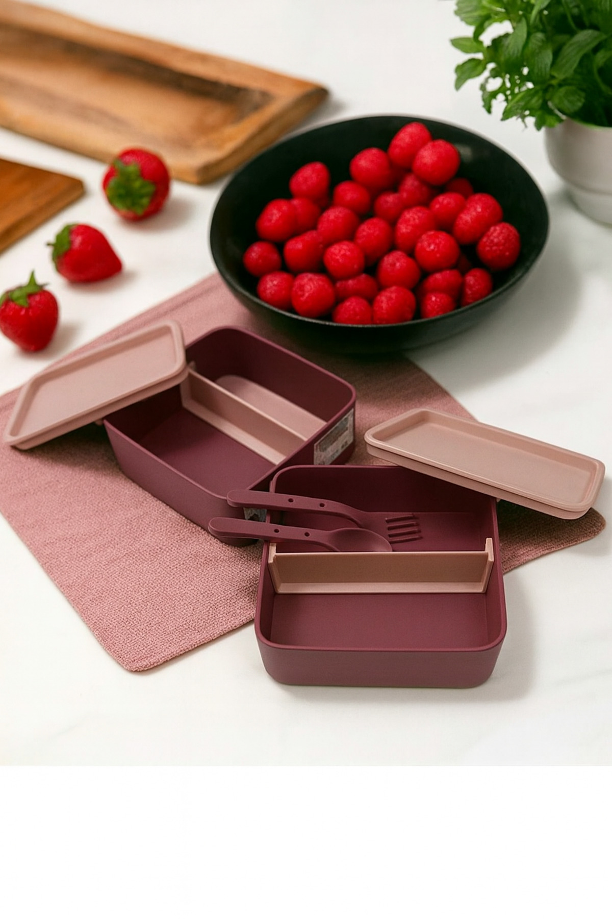NY HOME-Square Lunch Box 2 Layer Adjustable Fork Spoon Food Storage Container Plum 1