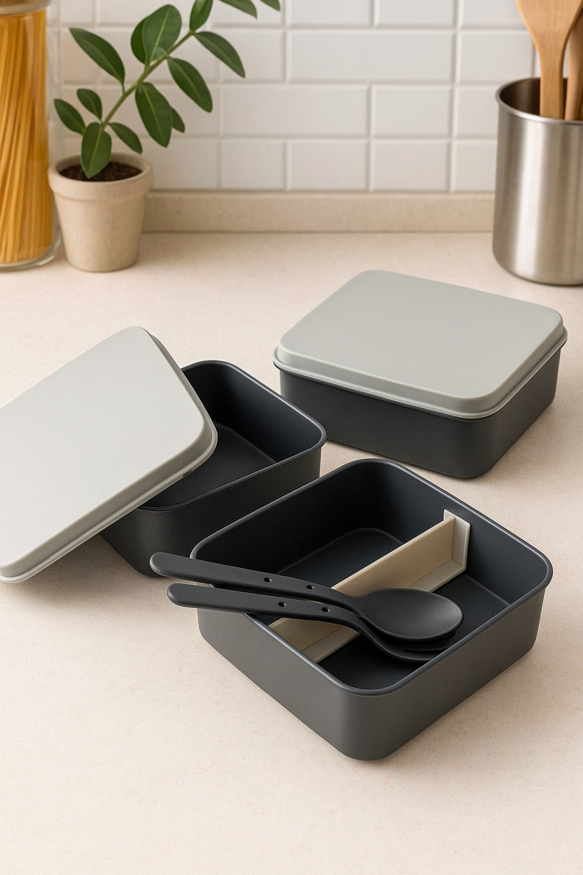 NY HOME-Square Lunch Box 2 Layer Adjustable Fork Spoon Food Storage Container Anthracite 1