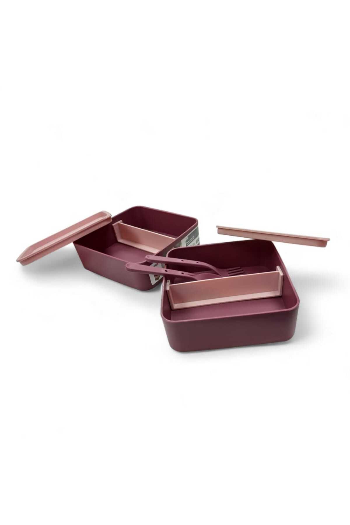 NY HOME-Square Lunch Box 2 Layer Adjustable Fork Spoon Food Storage Container Plum 3