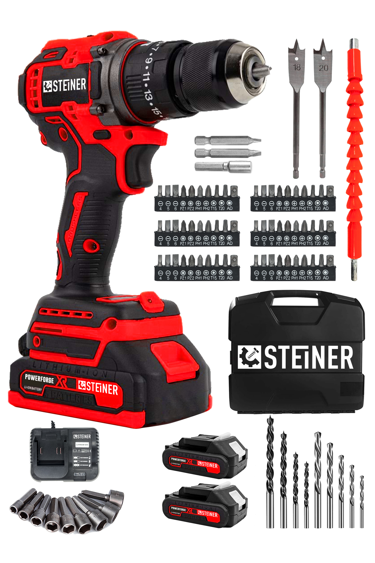 STEİNER 21v Çift Akü Kömürsüz Motor Çelik Mandren Darbeli Akülü Vidalama Şarjlı Matkap (84 Parça Usta Set)