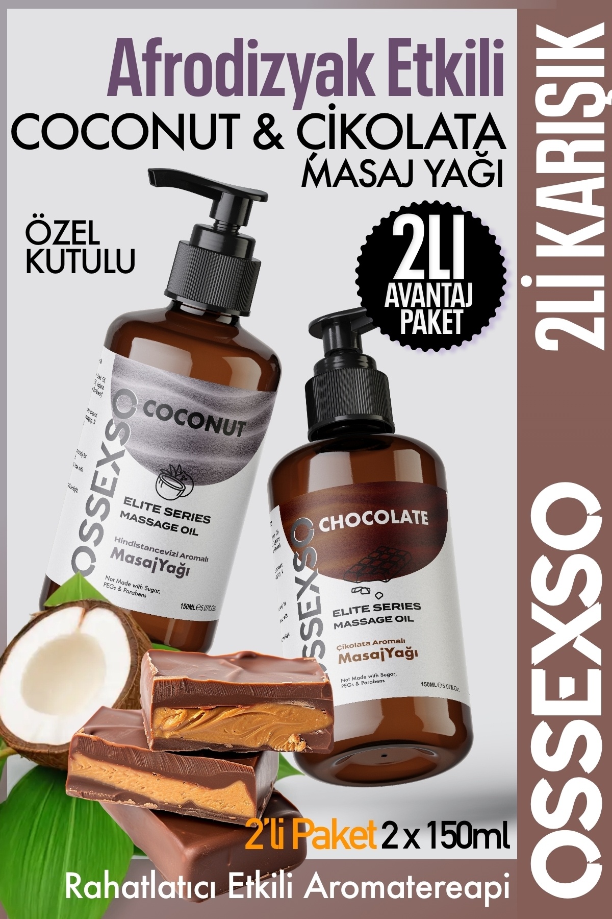 OSSEXSO Hindistan Cevizi & Çikolata Aromalı Masaj Yağı 2x150 ml – Yenilebilir Aromaterapi Özel Set