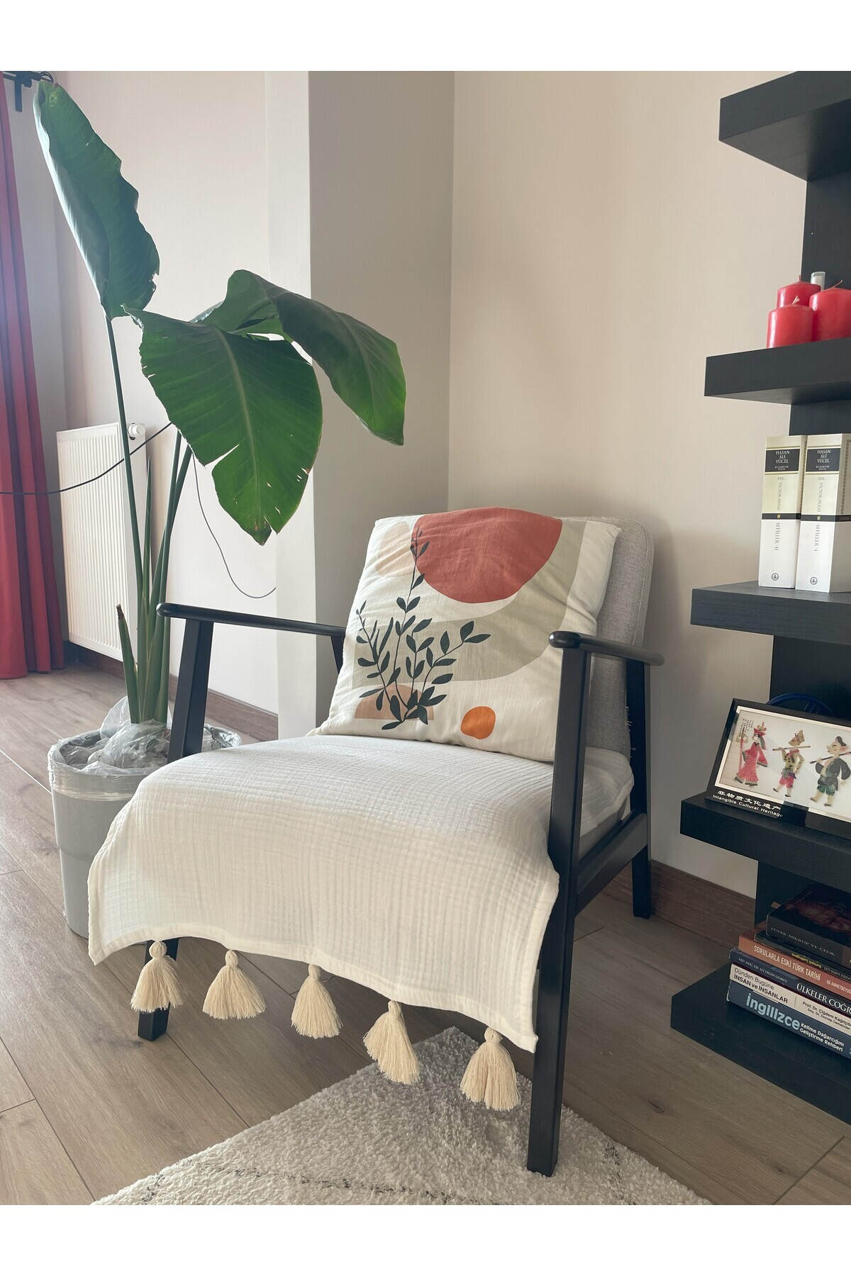 Divanest-Tasseled Double Layer Wrinkle-Free Muslin Fabric Soft Sofa Cover Ecru (70X90Cm for Single Sofa) 1
