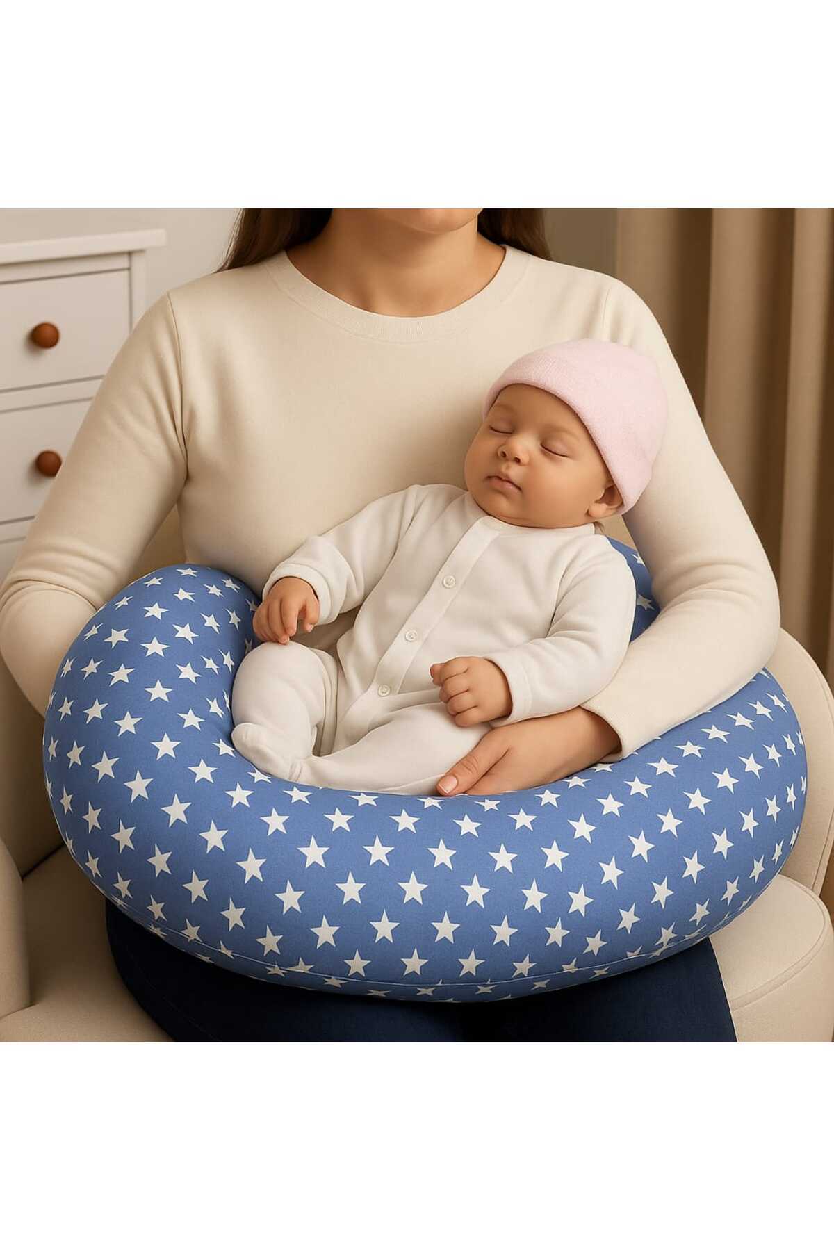 UMEL HOME Emzirme Yastığı / Bebek Destek Minderi, Hamile Yastığı, Pamuklu Kumaş Yıldız Desen MAVİ