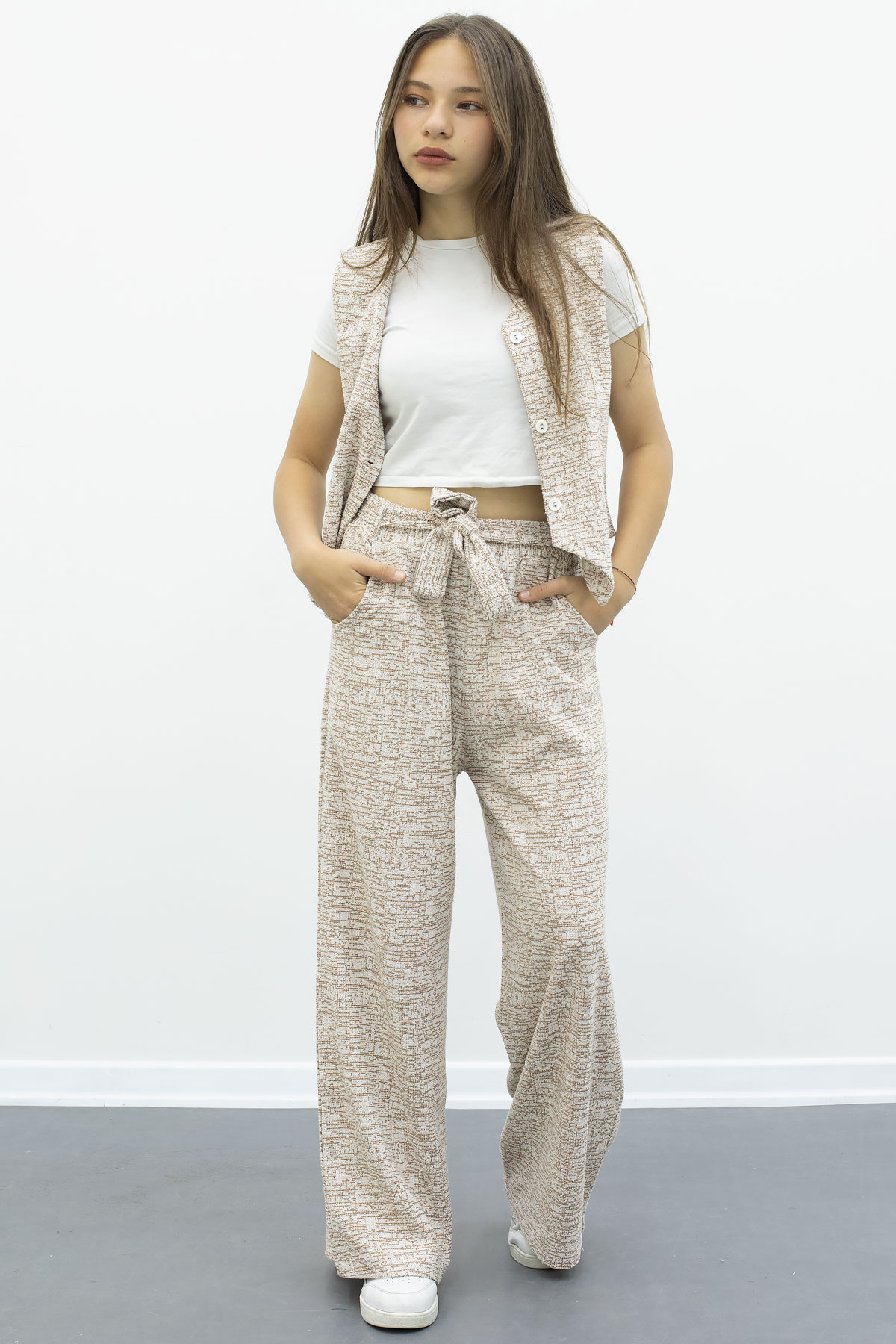 Kids Girl Wide Leg Belted Pants with Coffee Button Vest 2pcs Set 21011