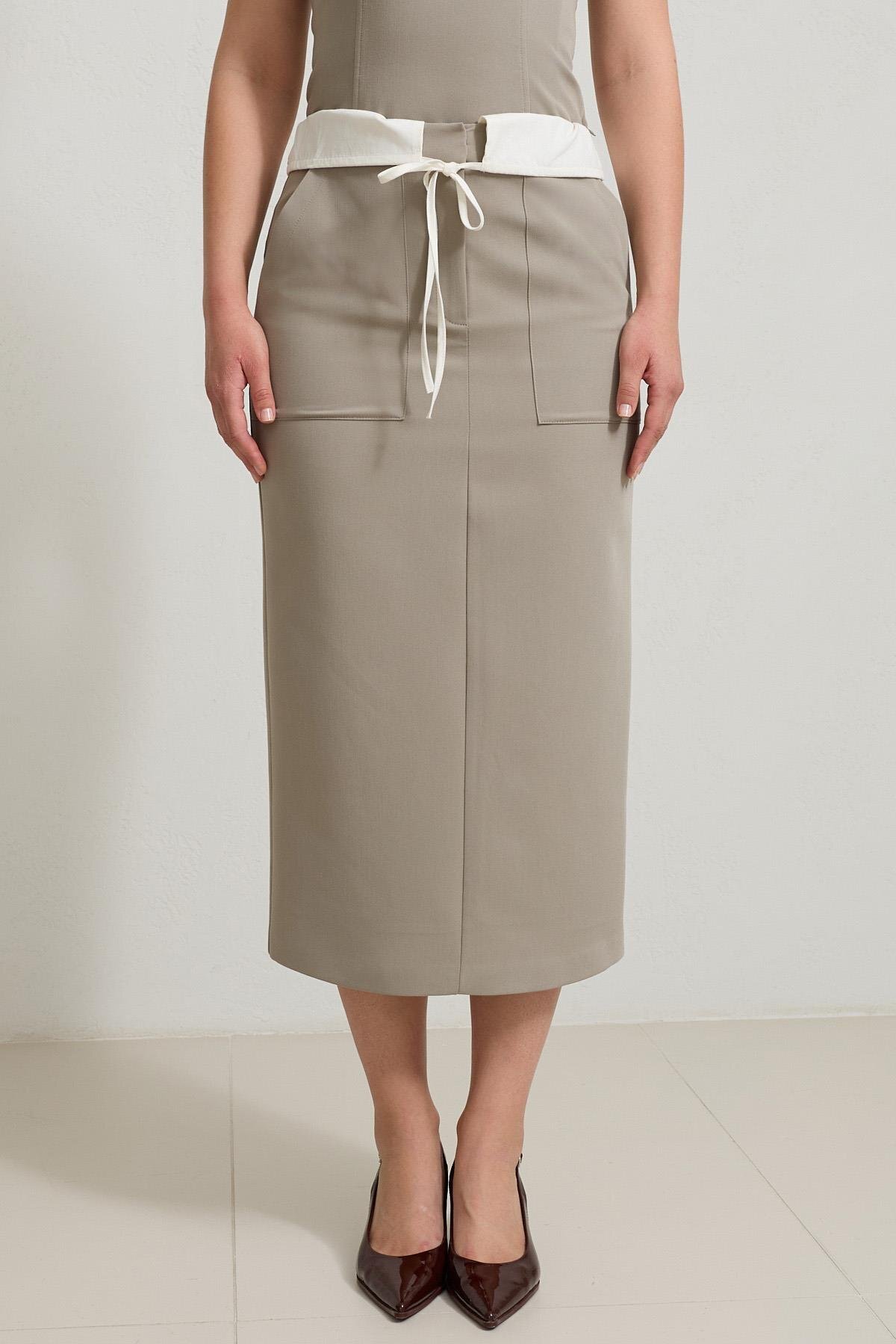 Setre-Olive Midi Length Skirt with Tie and Pocket Detail 3