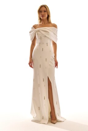 Elbisemhazır Off-Shoulder Drapeli Taş İşlemeli Yırtmaçlı Kadın Abiye Elbise