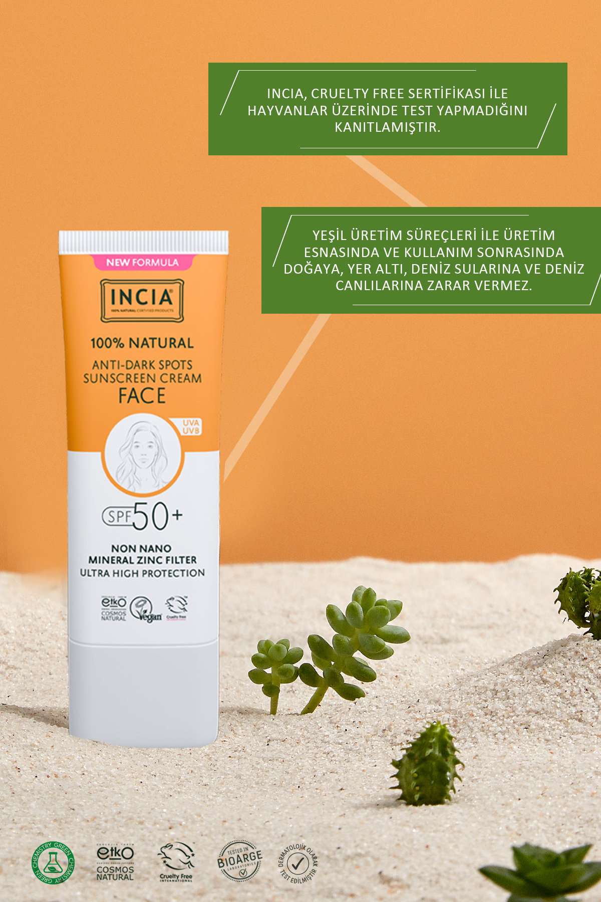 INCIA %100 Doğal Yüz Güneş Kremi Leke Karşıtı Aydınlatıcı Mineral Filtre SPF 50+ UVA1 UVA2 UVB 30 ml fotoğrafı 7 (önizleme)
