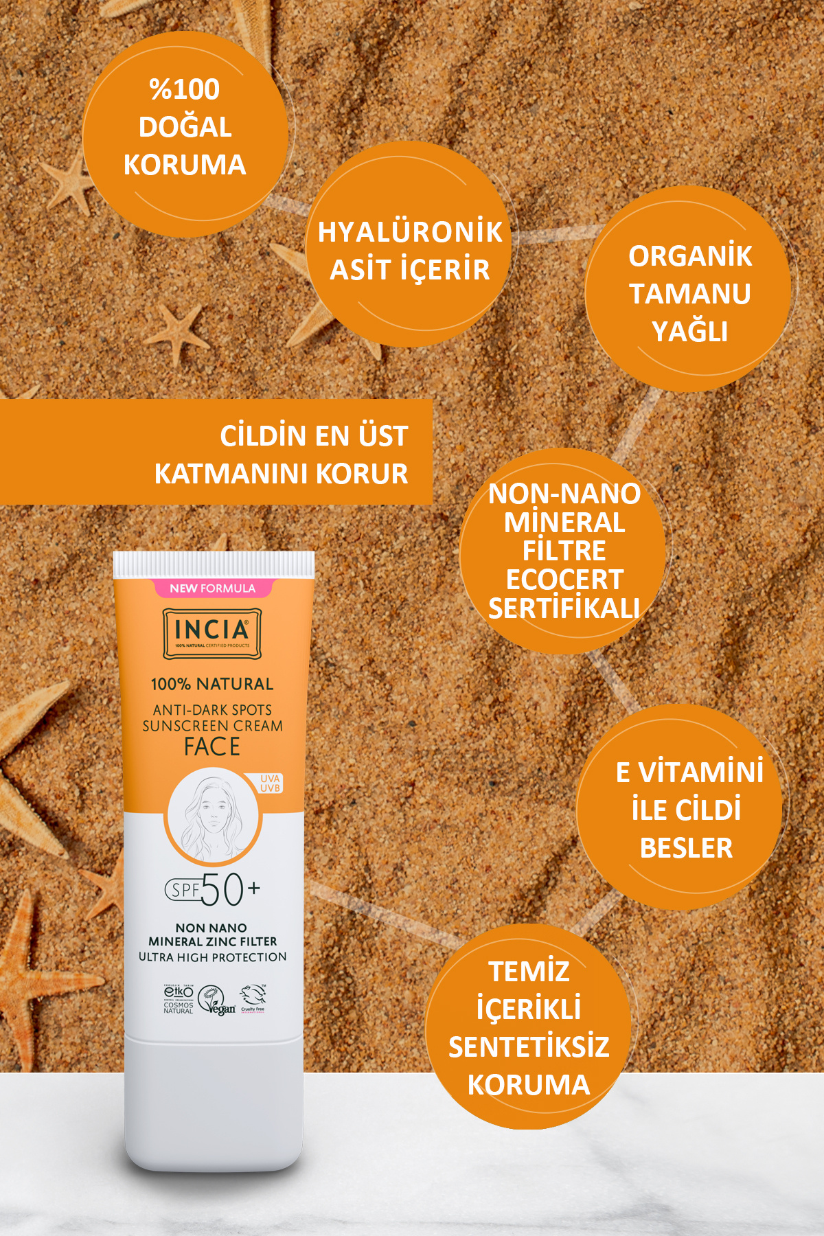 INCIA %100 Doğal Yüz Güneş Kremi Leke Karşıtı Aydınlatıcı Mineral Filtre SPF 50+ UVA1 UVA2 UVB 30 ml fotoğrafı 5 (önizleme)