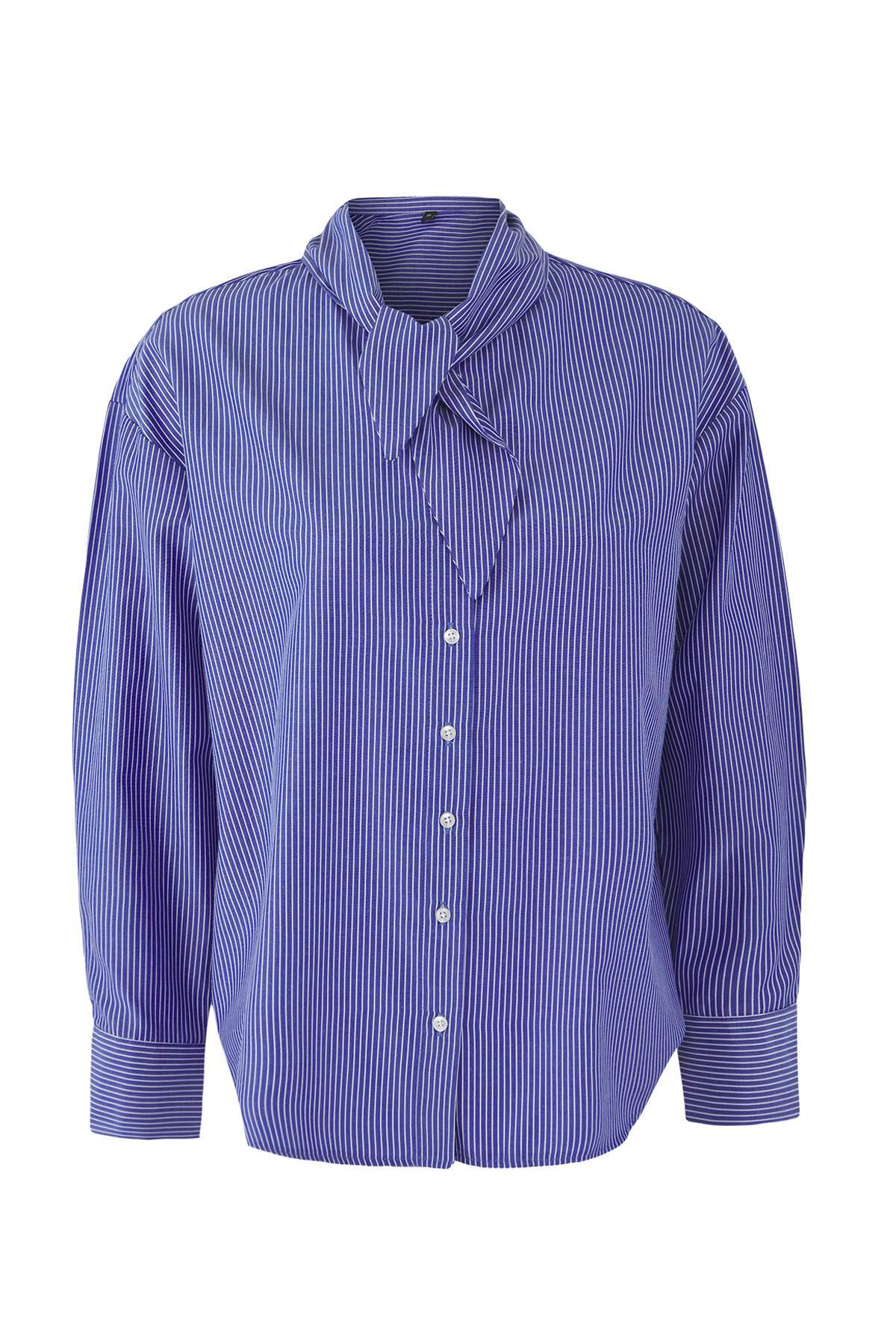 Trendyolmilla  Lacivert Çizgili Fular Bağlamalı Gömlek TWOAW26GO00046 - Görsel 2