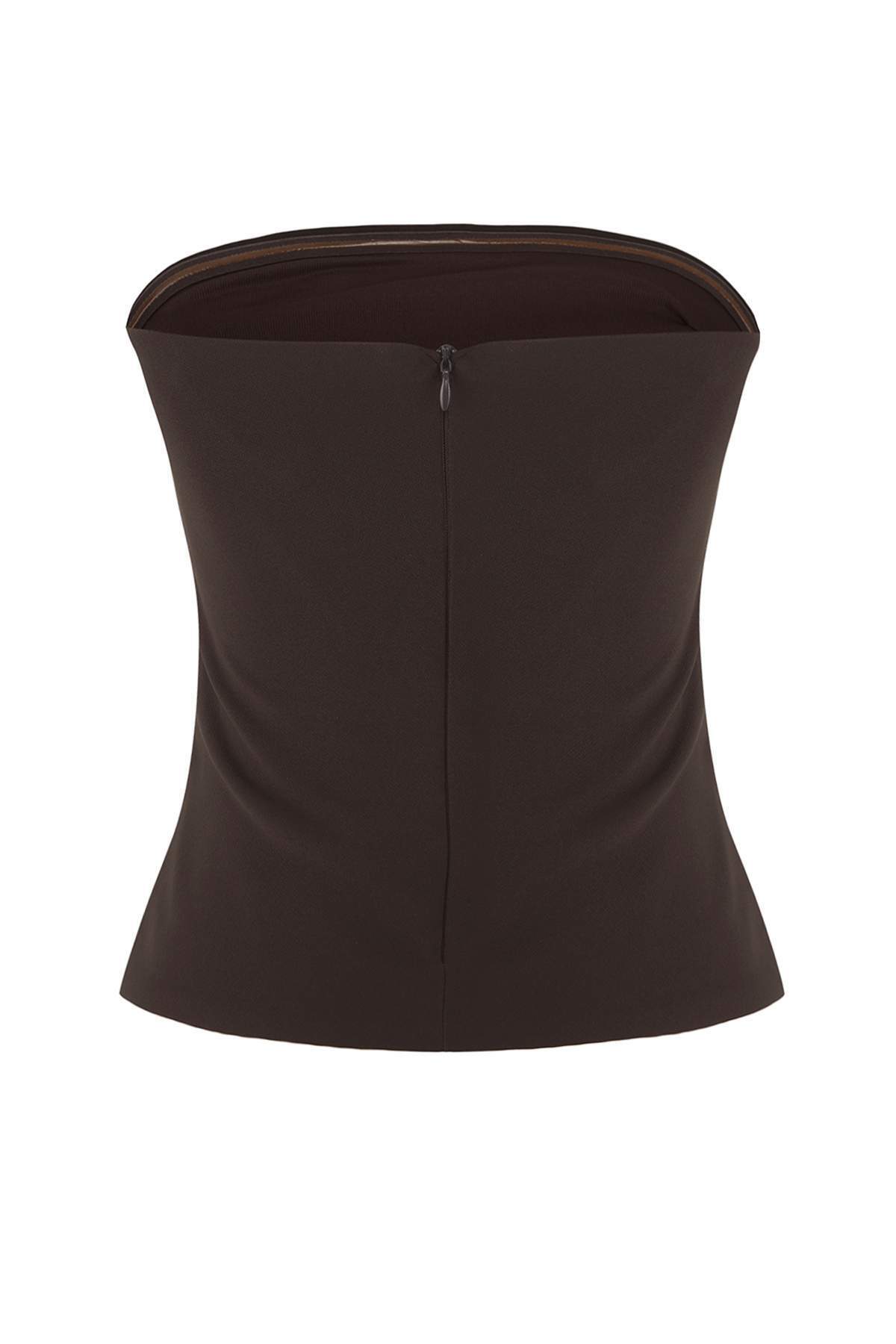 Trendyolmilla  Kahverengi Straplez Fitted Drapeli Dokuma Bluz TWOSS24BZ00348 - Görsel 6