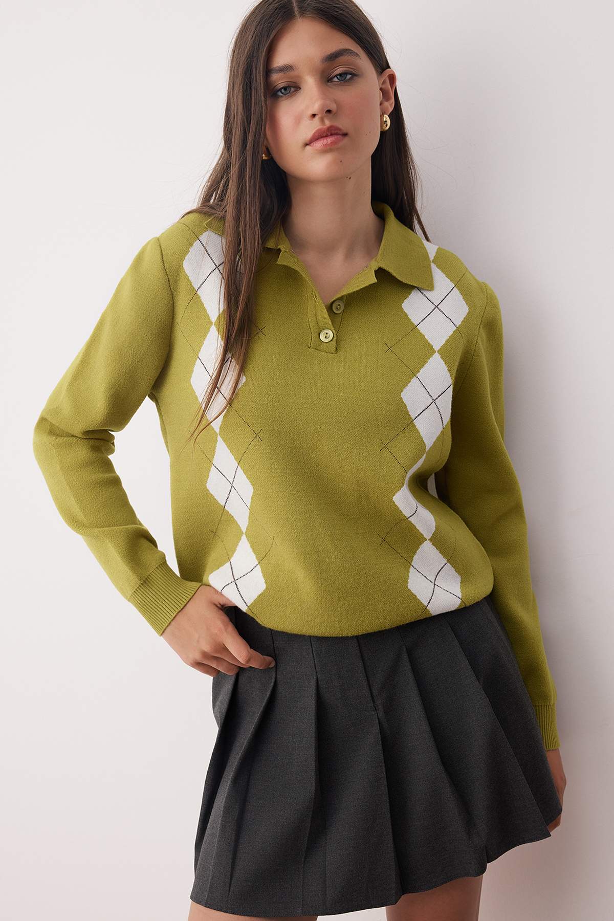 Trendyolmilla  Yağ Yeşil Premium İplik/Özel İplik Baklava Desenli Triko Kazak TWOAW26KZ00129