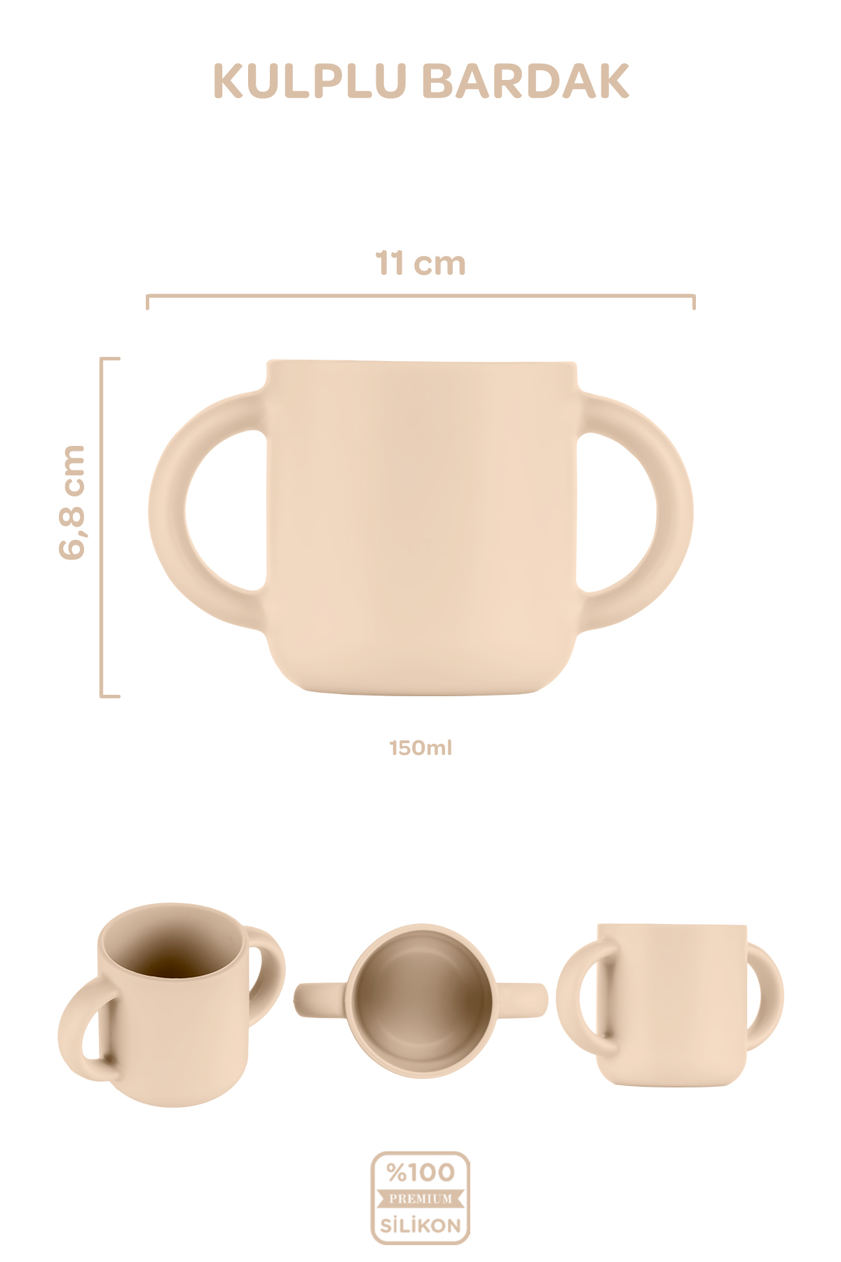 Moki Silikon Beslenme Seti 4'lü Latte Bej / Mama Önlüğü, Mama Tabağı, Bandırma Kaşığı, Kulplu Bardak fotoğrafı 4 (önizleme)