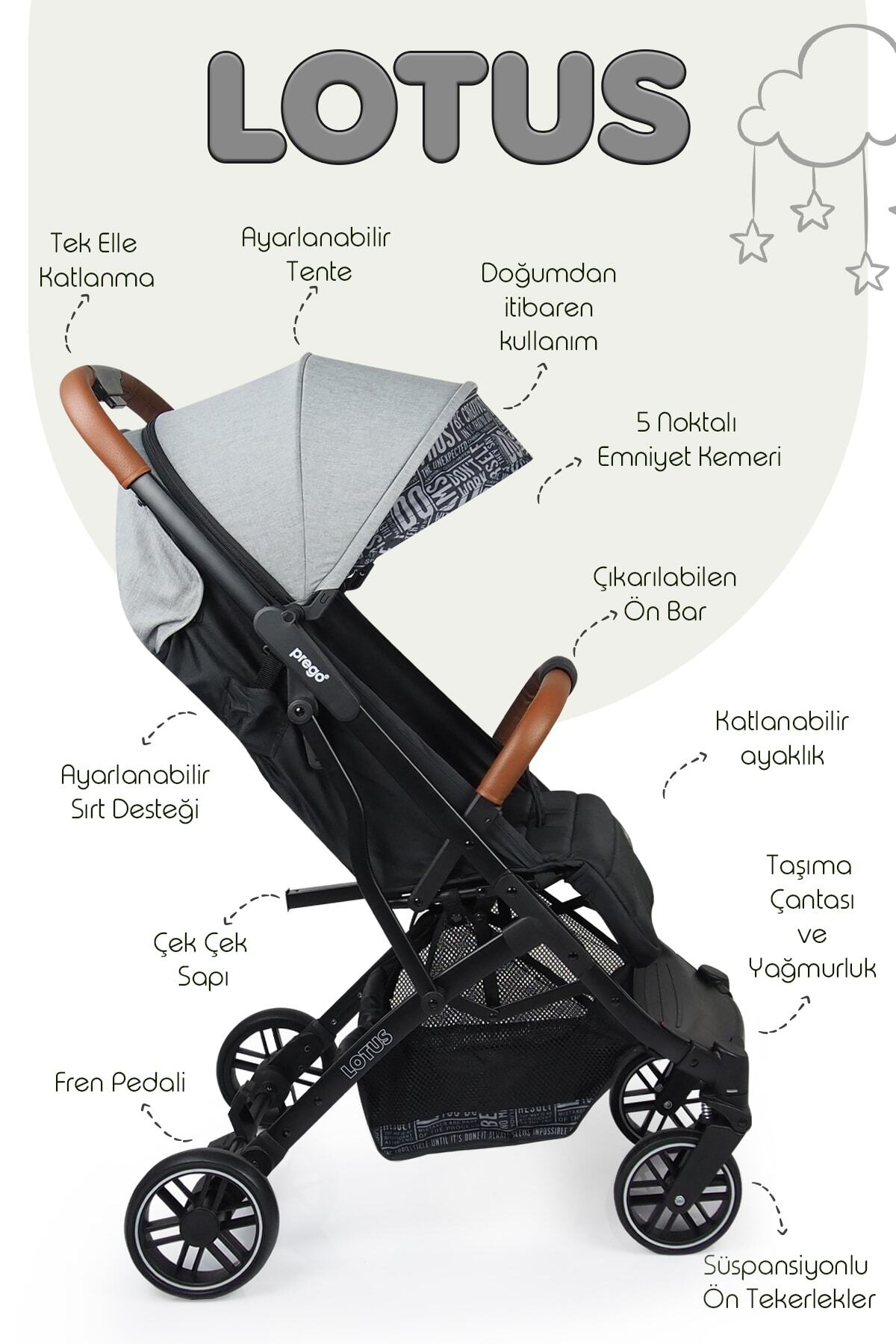 Prego Lotus Tek Elle Katlanabilir Kabin Boy Bebek Arabası Yağmurluk Hediyeli fotoğrafı 2 (önizleme)