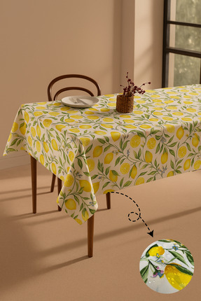 Soft Kare Panama Keteni Duck Kumaşı Sıvı Geçirmez Limon Desen Masa Örtüsü