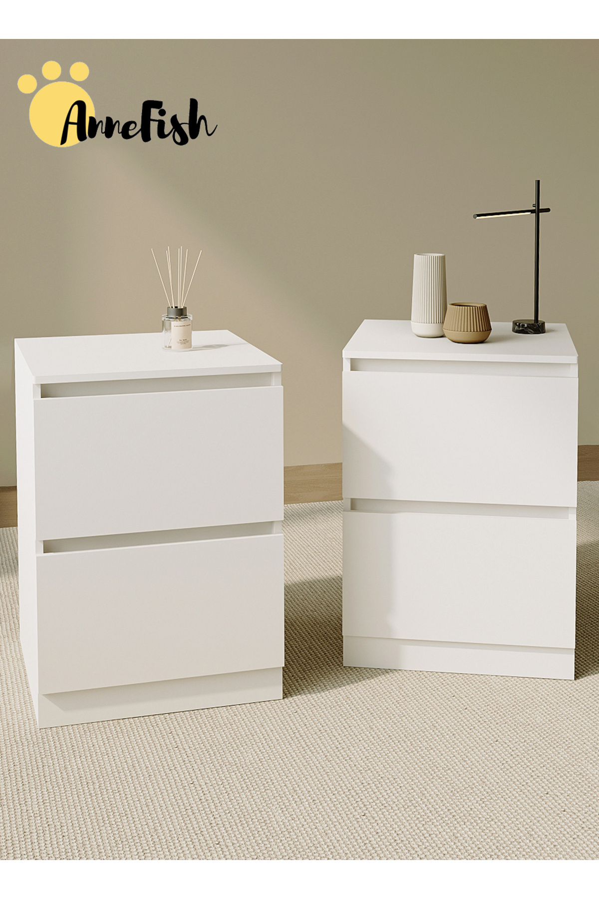 AnneFish-2pcs 40*40*55cm NightStand for Bedroom Rustic Side Table Simple Bedside End Table with 2 Drawers 1