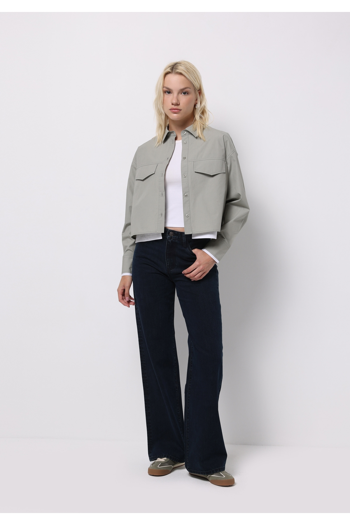 Resim Colin's Regular Fit Shirt Neck Düz Kadın Yeşil Uzun Kol Gömlek 
