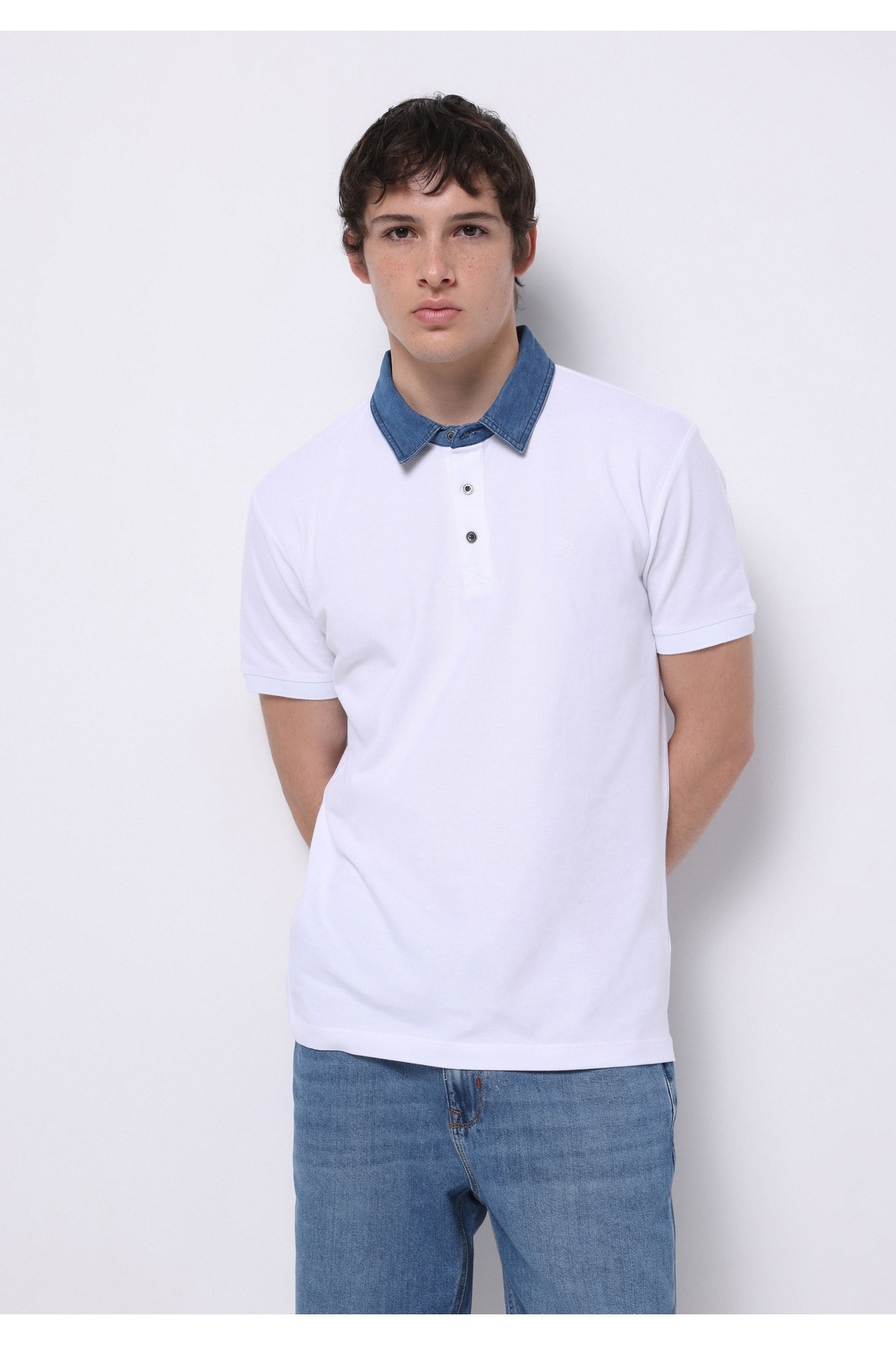 کالینز تی‌شرت آستین کوتاه مردانه سفید بدون جیب، یقه پولو معمولی، سایز فیت