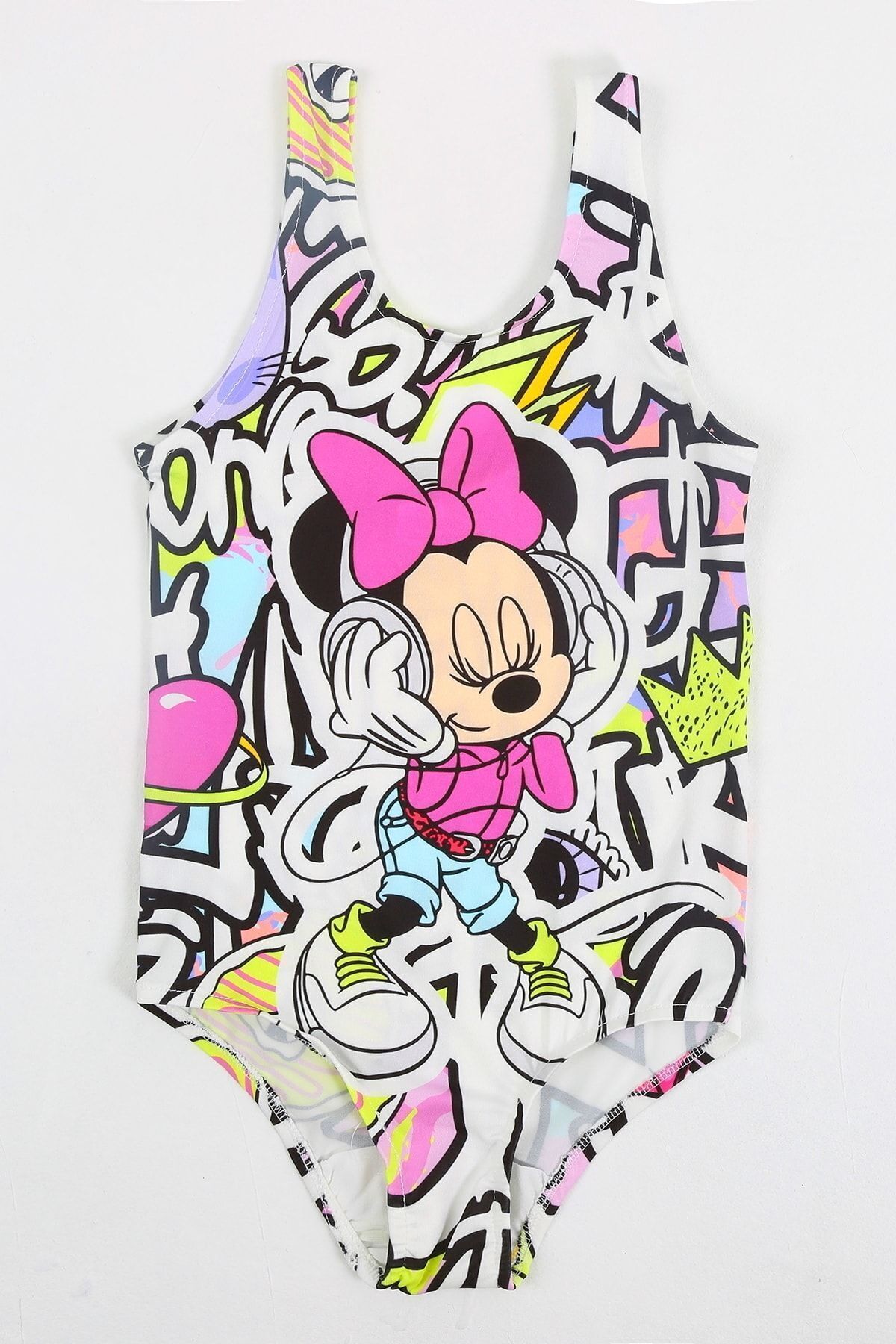 Papiş Kız Çocuk Mayo Minnie Mouse Graffiti Desenli Rahat Hızlı Kuruyan Mayo Deniz Havuz Plaj Mayosu fotoğrafı 5 (önizleme)