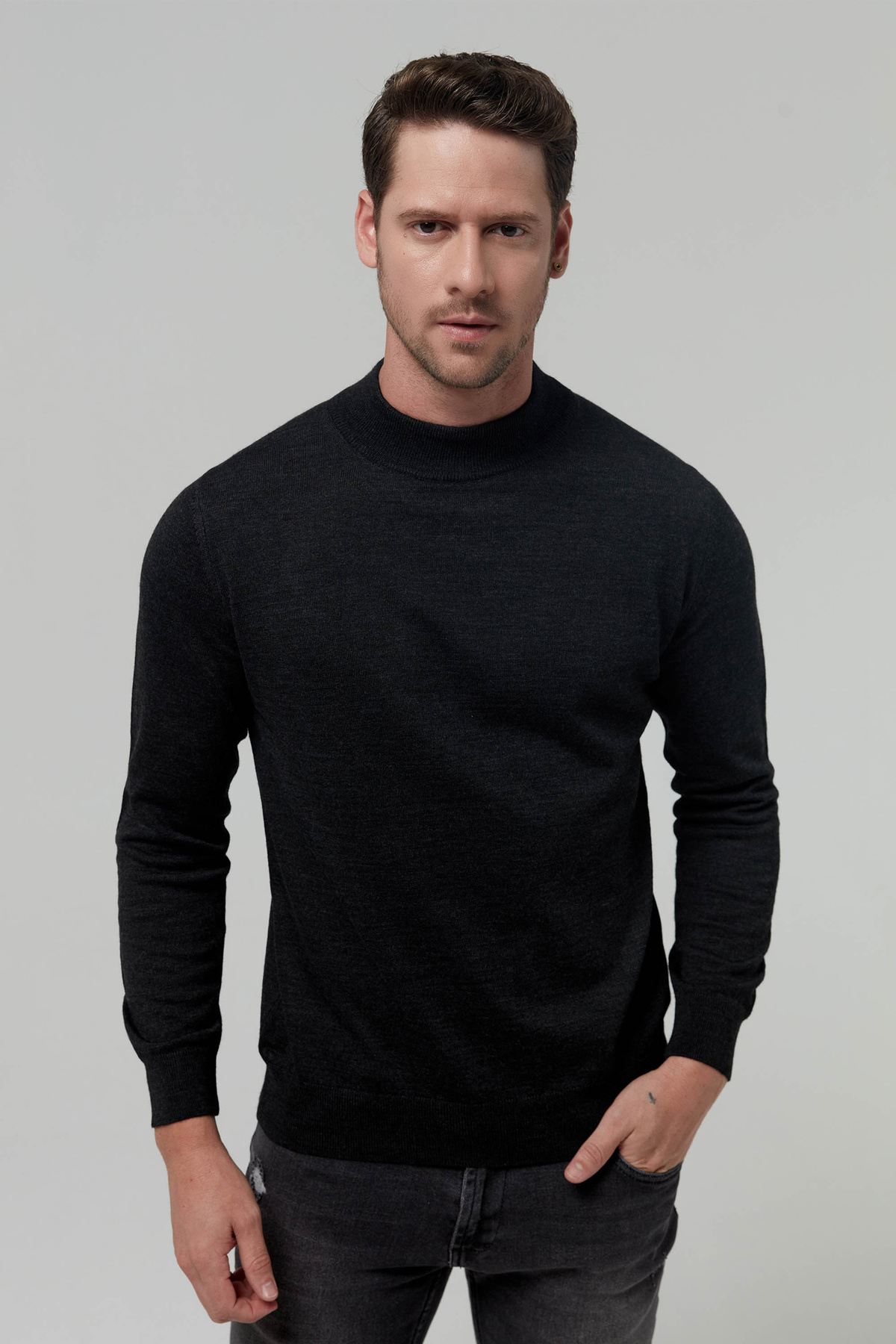 دی اس دامات ژاکت بافتنی پشمی مخلوط ساده آنتراسیت دی‌اس دامات معمولی فیت