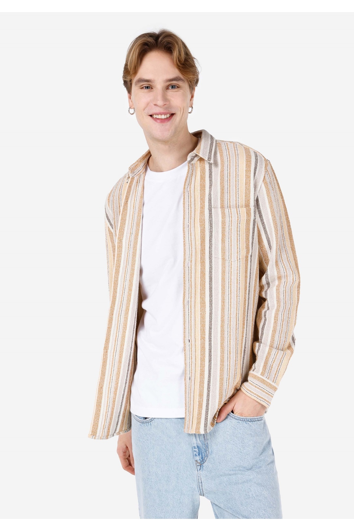 کالینز پیراهن مردانه یقه گرد راه راه آستین بلند قهوه ای رنگ