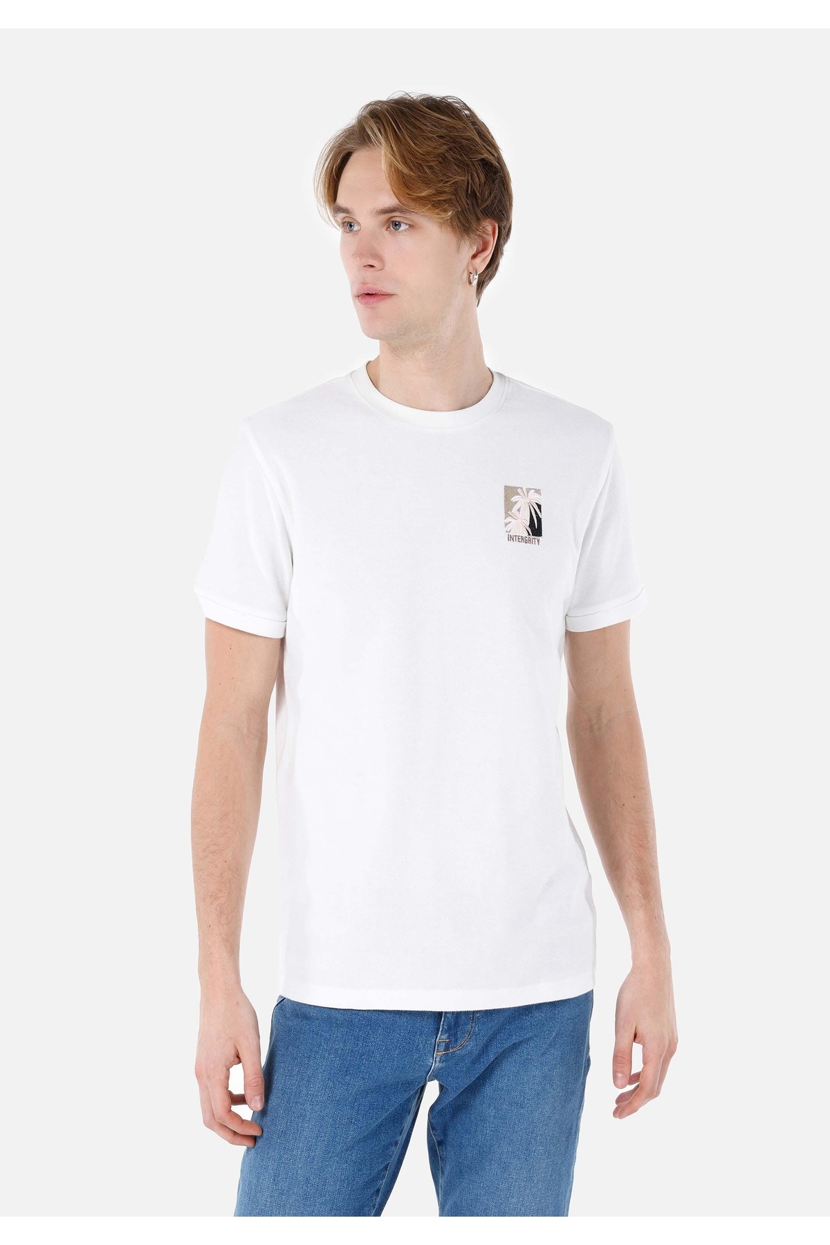 کالینز تی‌شرت آستین کوتاه مردانه سفید طرح‌دار یقه گرد معمولی CL1067700