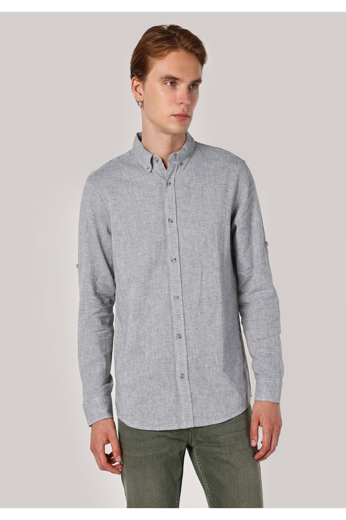 کالینز پیراهن مردانه آستین بلند ساده سبز یقه گرد معمولی