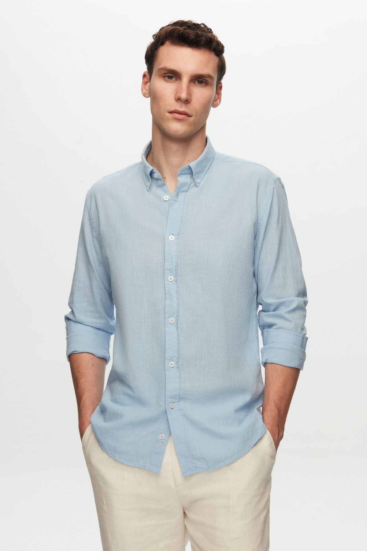 D'S Damat  Ds Damat Slim Fit Mavi Düğmeli Yaka %100 Pamuk Yazlık Flamlı Keten Görünümlü Gömlek - Görsel 2