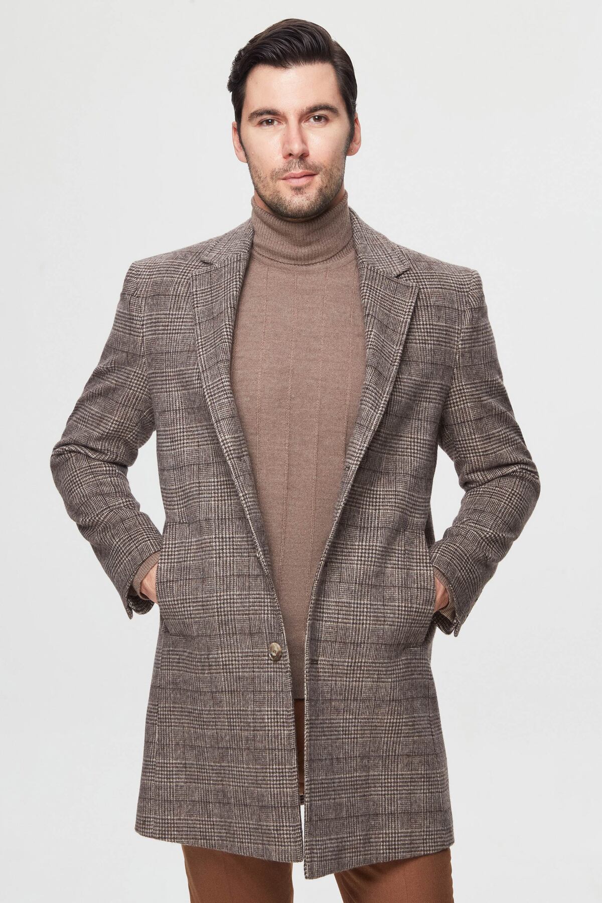 دی اس دامات پالتو پشمی طرح‌دار چهارخانه تک چاک قهوه‌ای رنگ اسلیم فیت دی‌اس دامات