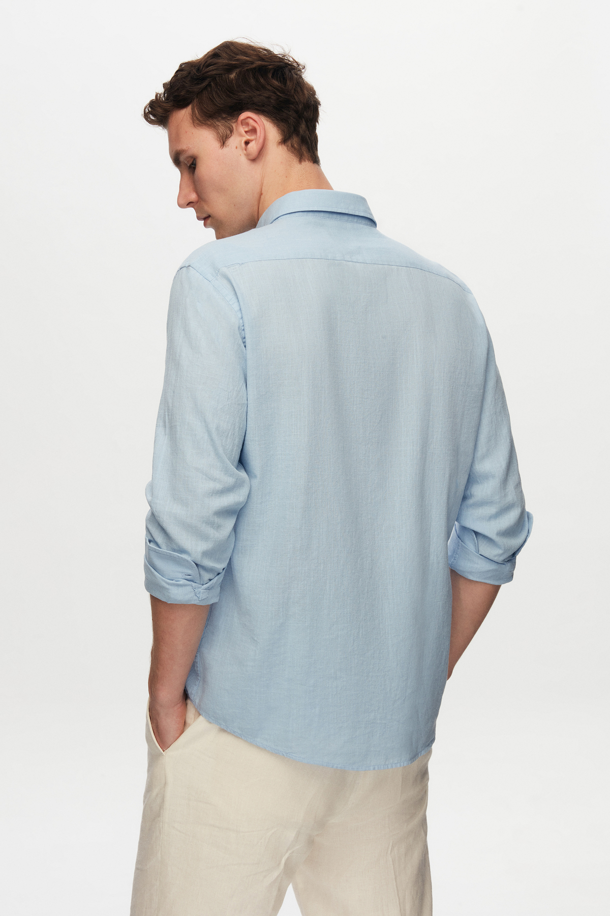 D'S Damat  Ds Damat Slim Fit Mavi Düğmeli Yaka %100 Pamuk Yazlık Flamlı Keten Görünümlü Gömlek - Görsel 6